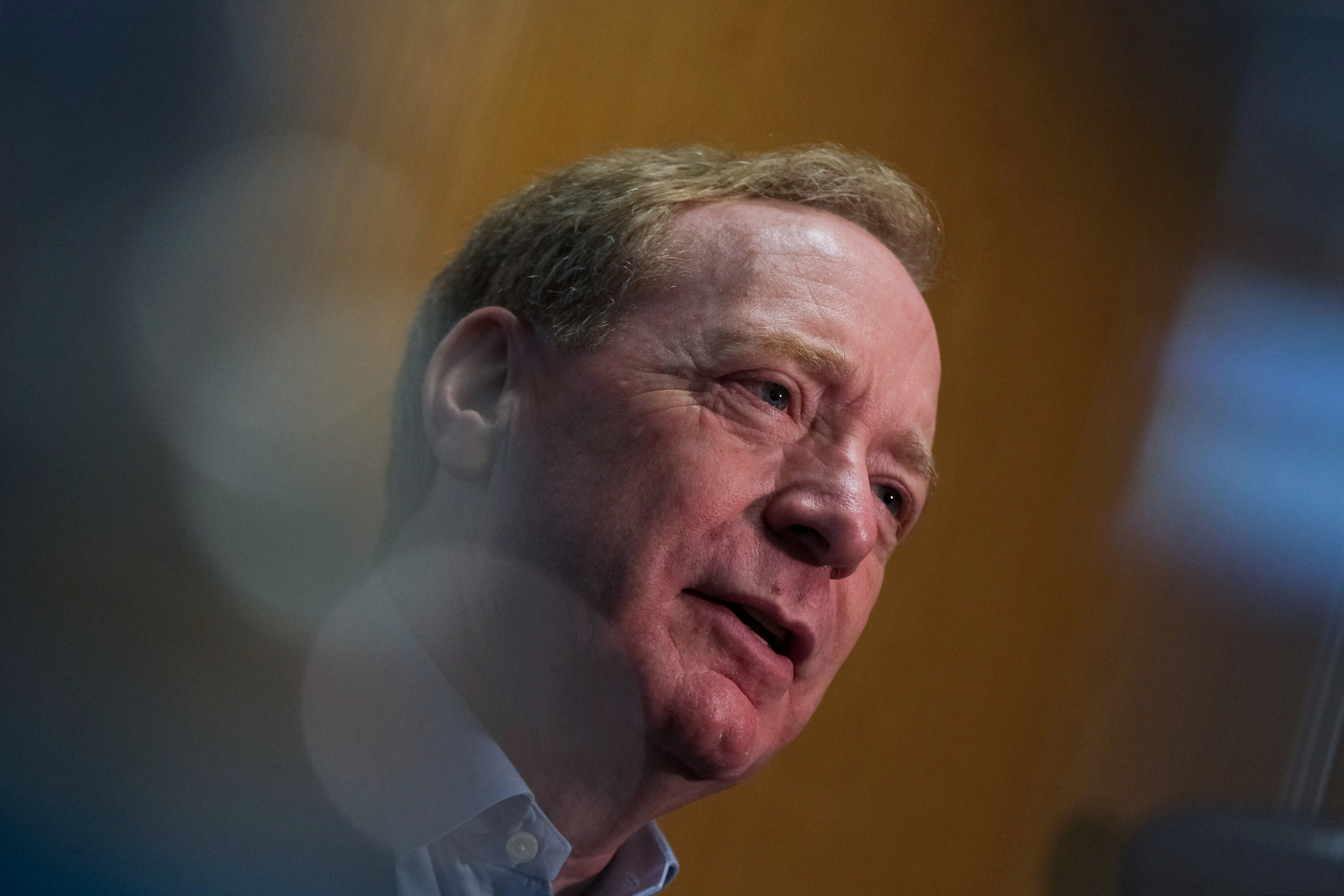 President of Microsoft Brad Smith reacts during an interview with Reuters at the Web Summit, in Lisbon