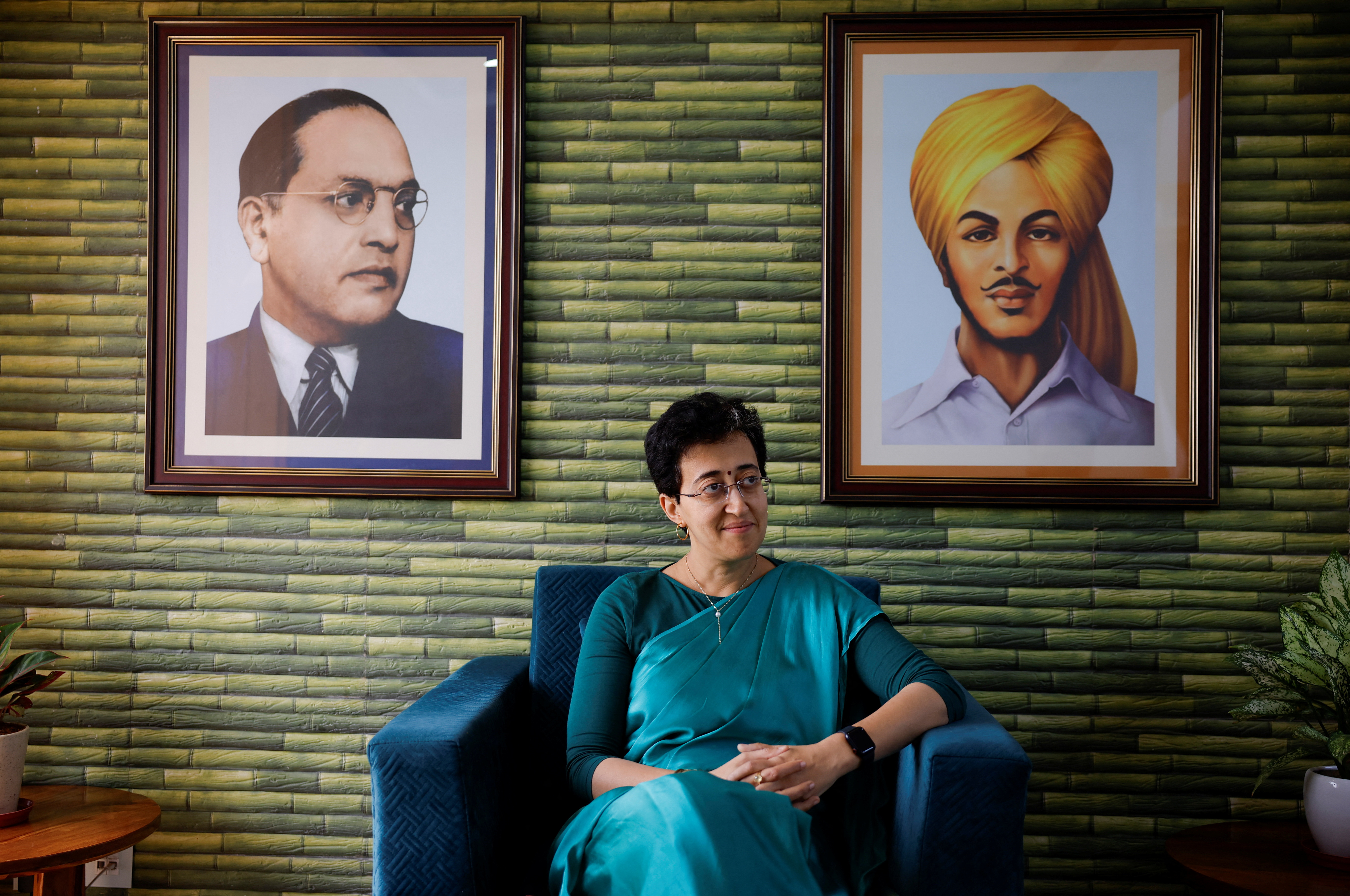 Member of Aam Aadmi Party (AAP) and Delhi's Education Minister, Atishi, looks on during an interview with Reuters in New Delhi