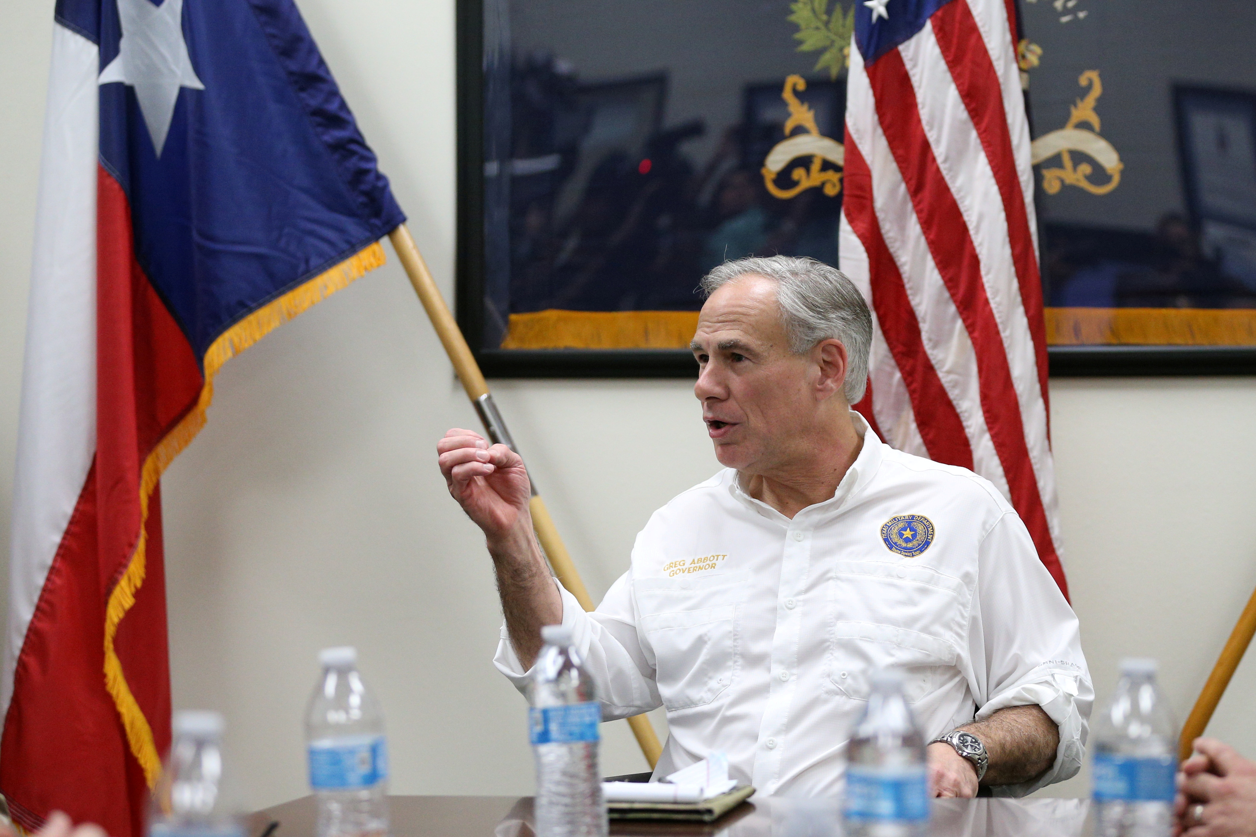 Governor Greg Abbott meets with Texas National Guard troops and U.S. Border Patrol personnel for a briefing regarding security along the Mexico-U.S. border in Weslaco