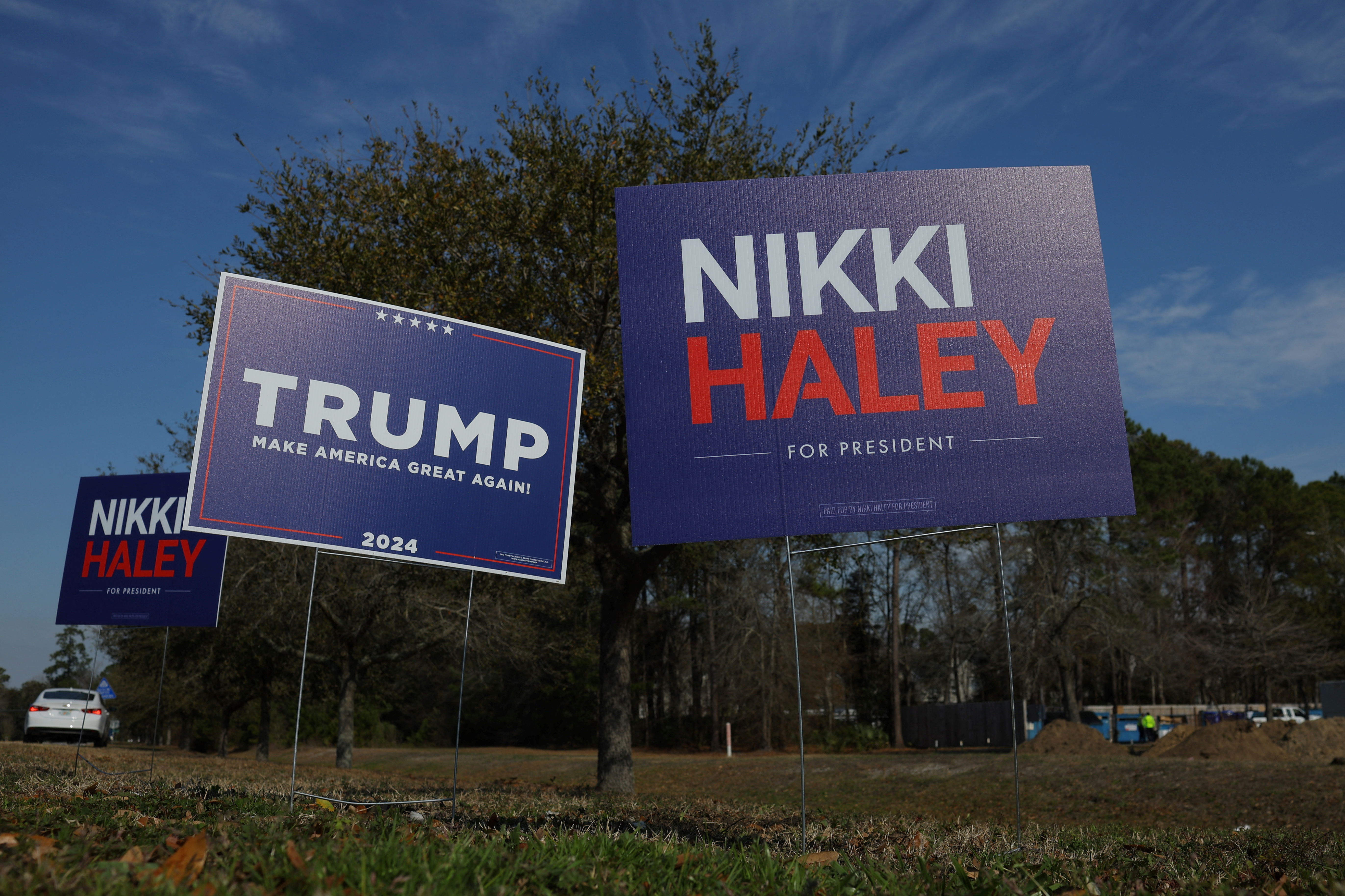 Campaign signs for Republican presidential candidates stand in Mount Pleasant, SC