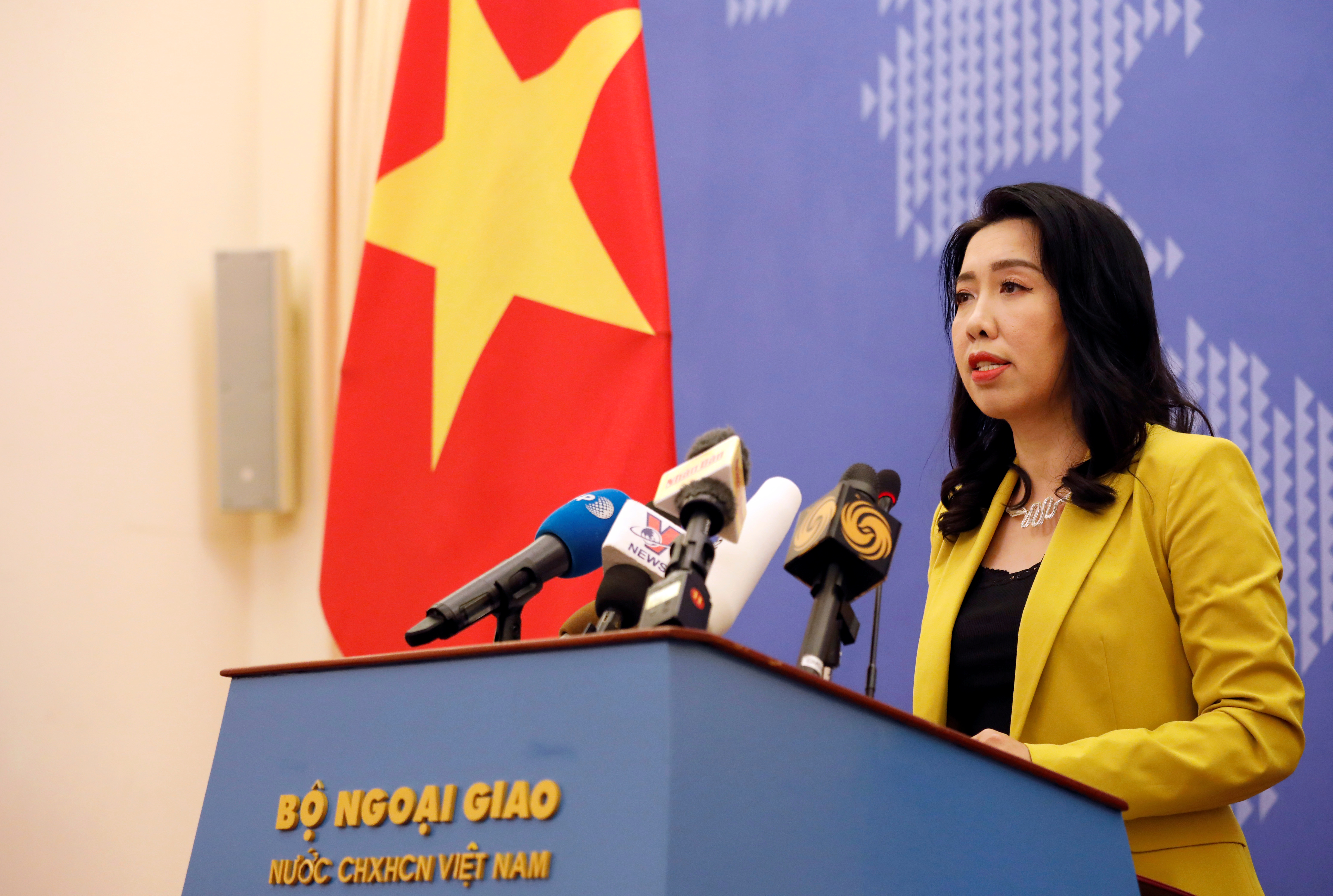 Vietnamese foreign ministry spokeswoman Le Thi Thu Hang speaks at a news conference in Hanoi