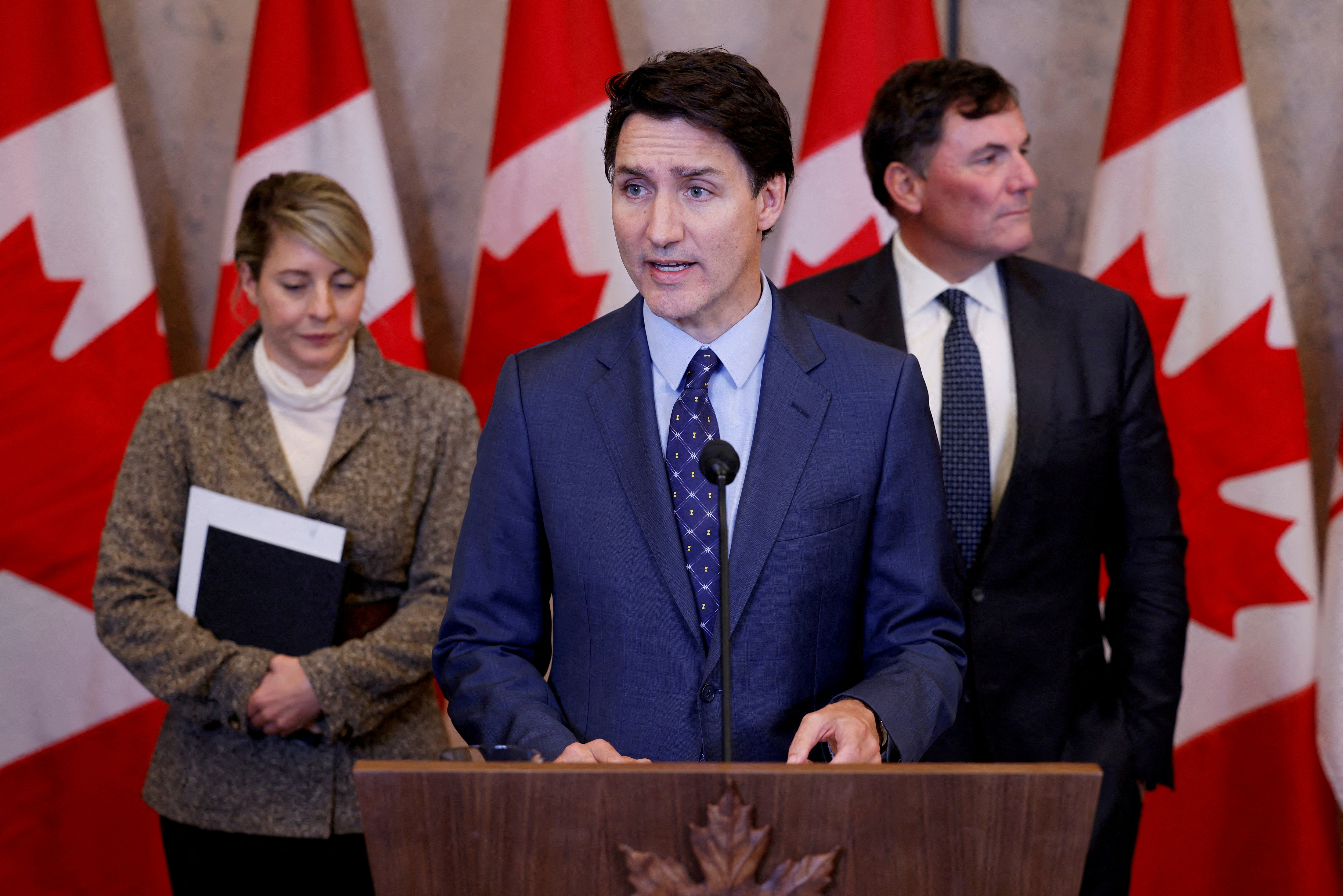 Canada's Prime Minister Justin Trudeau takes part in a press conference on Parliament Hill in Ottawa