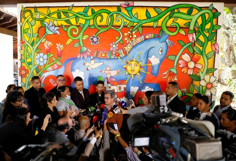 Colombia's government negotiators and National Liberation Army (ELN) members hold a news conference, in Caracas