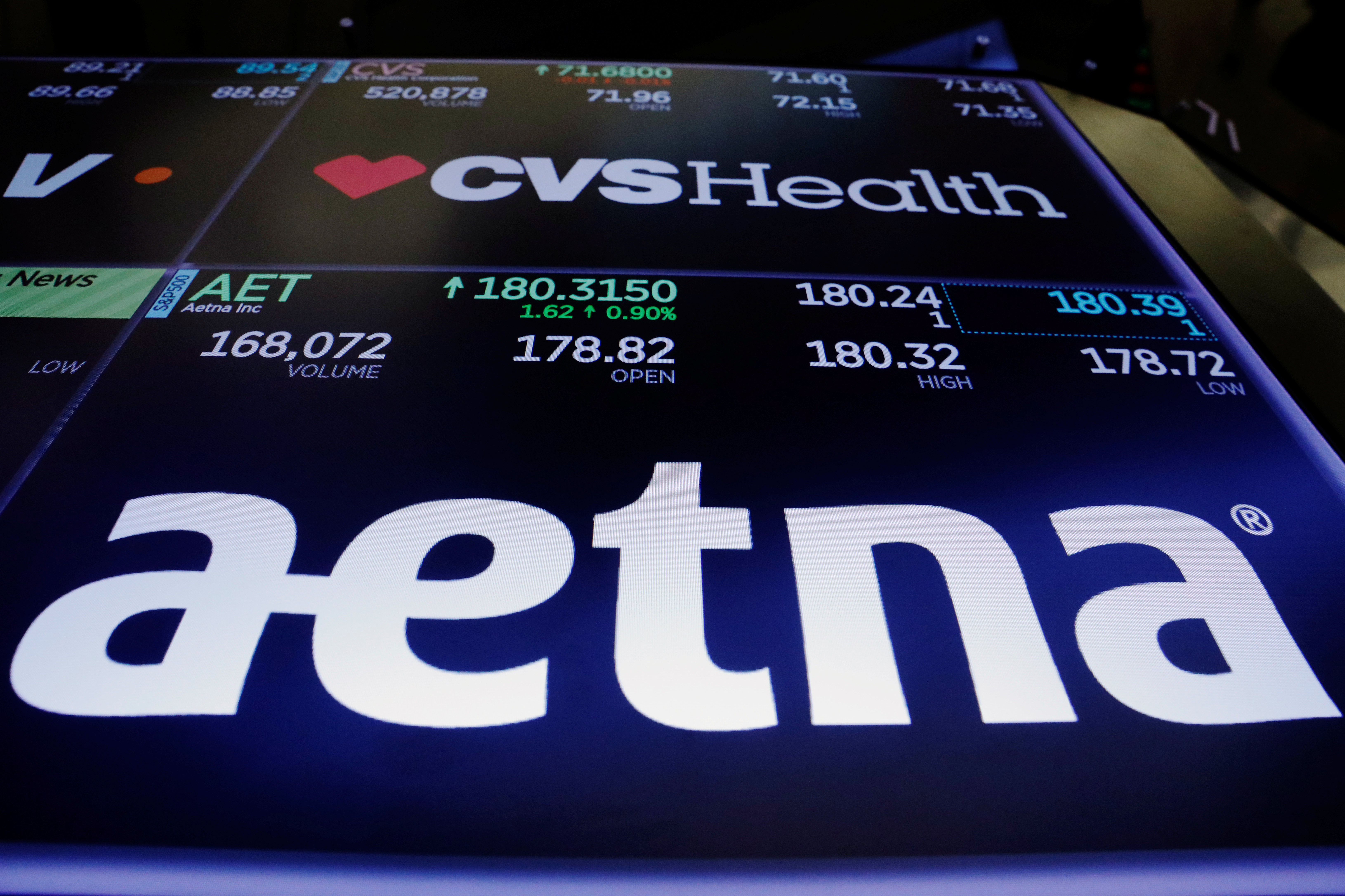 Logos of CVS and Aetna are displayed on a monitor above the floor of the New York Stock Exchange shortly after the opening bell in New York