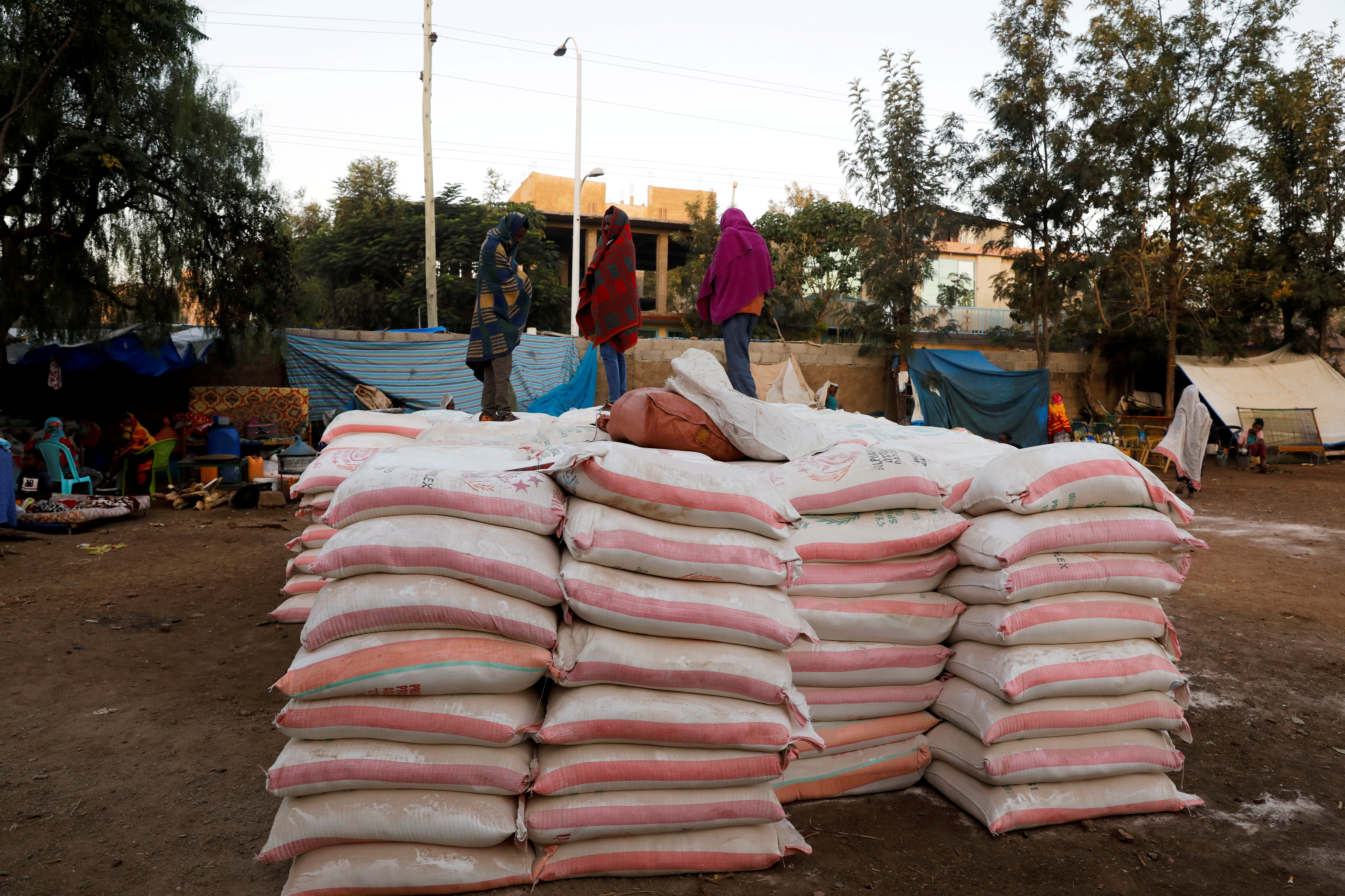 Bags of food donations are seen at the Tsehaye primary school in Shire