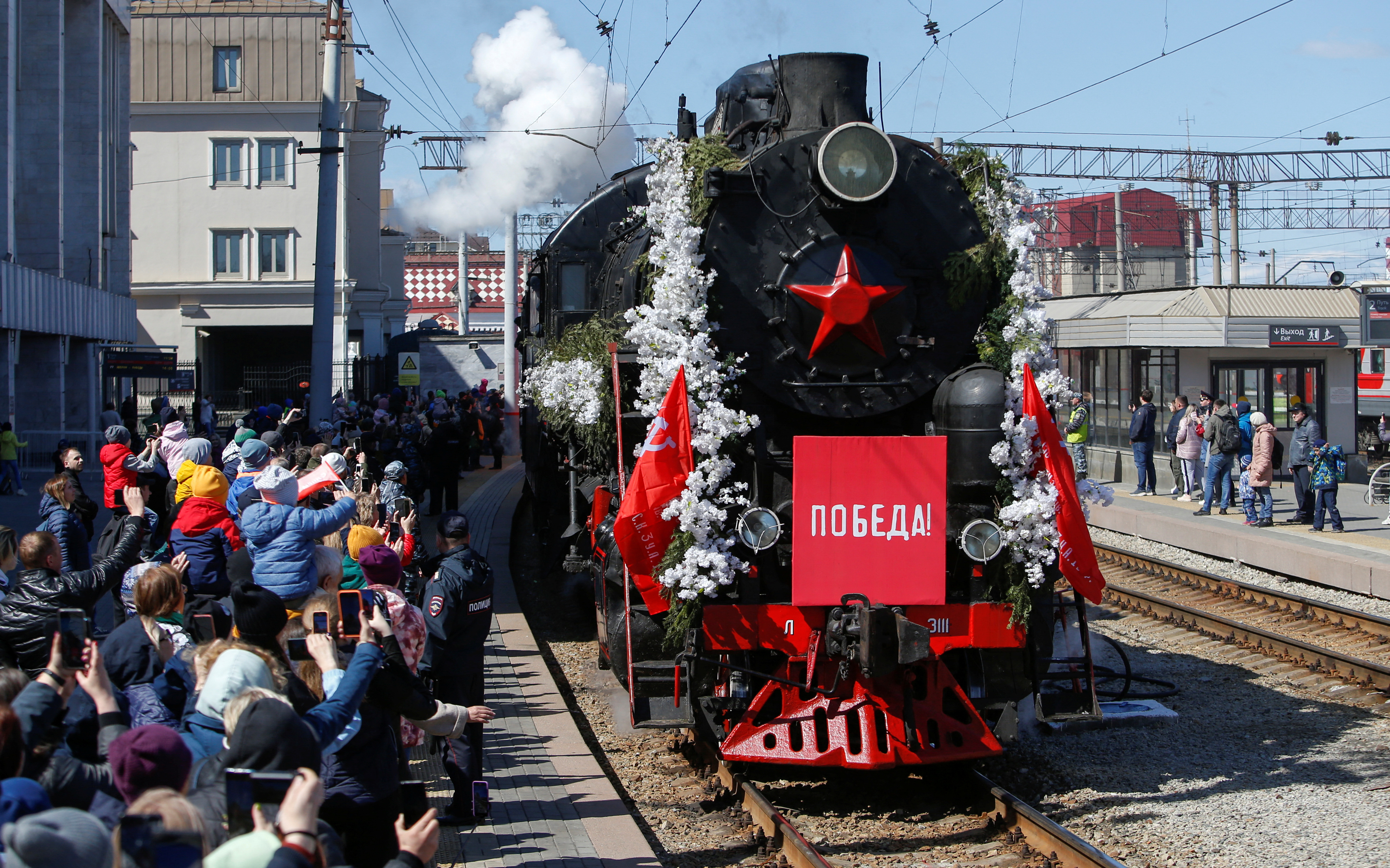 A Soviet-era train arrives at a railway station ahead of Victory Day in Yekaterinburg