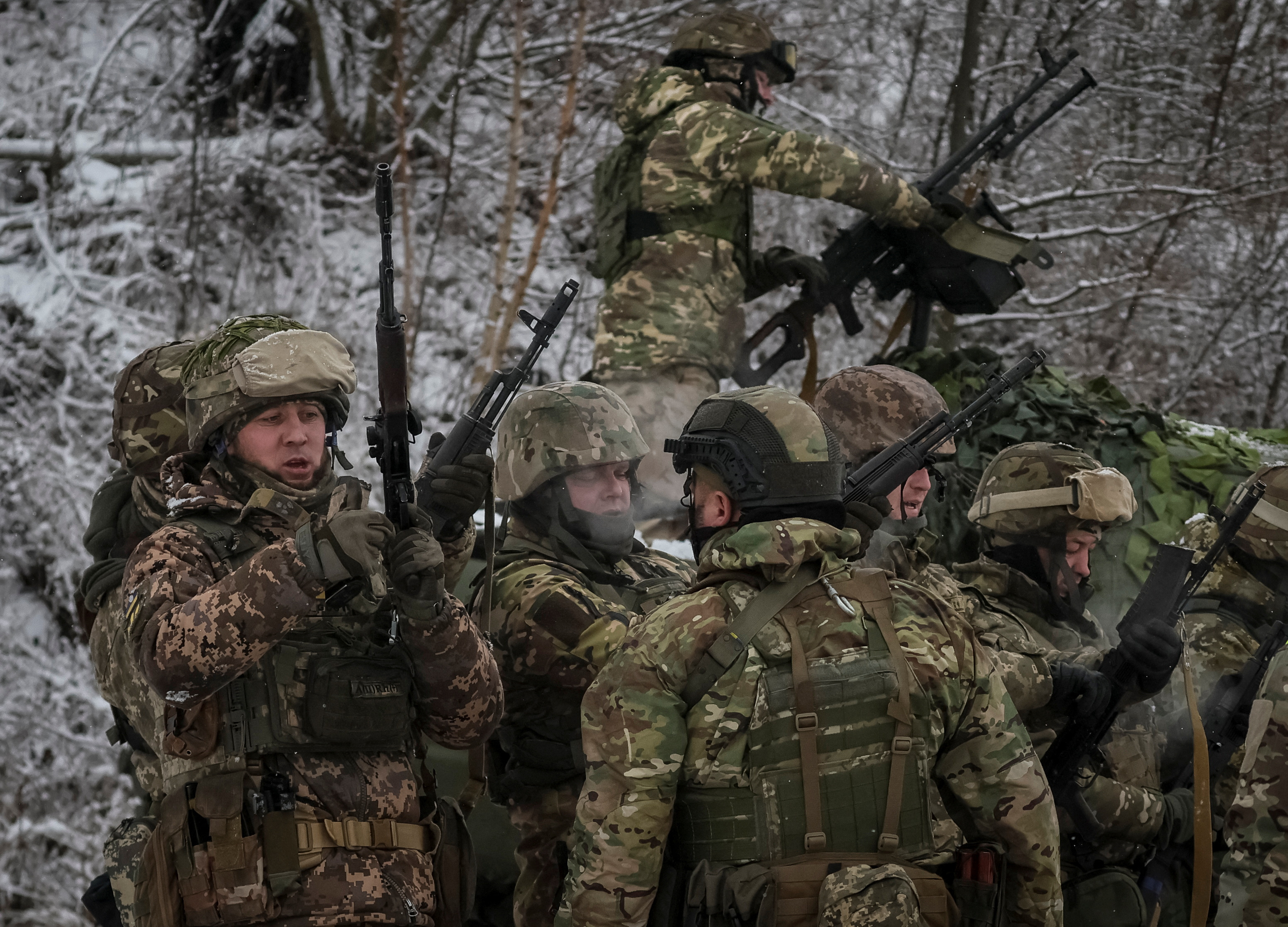 Ukrainian servicemen attend a joint drills near the border with Belarus