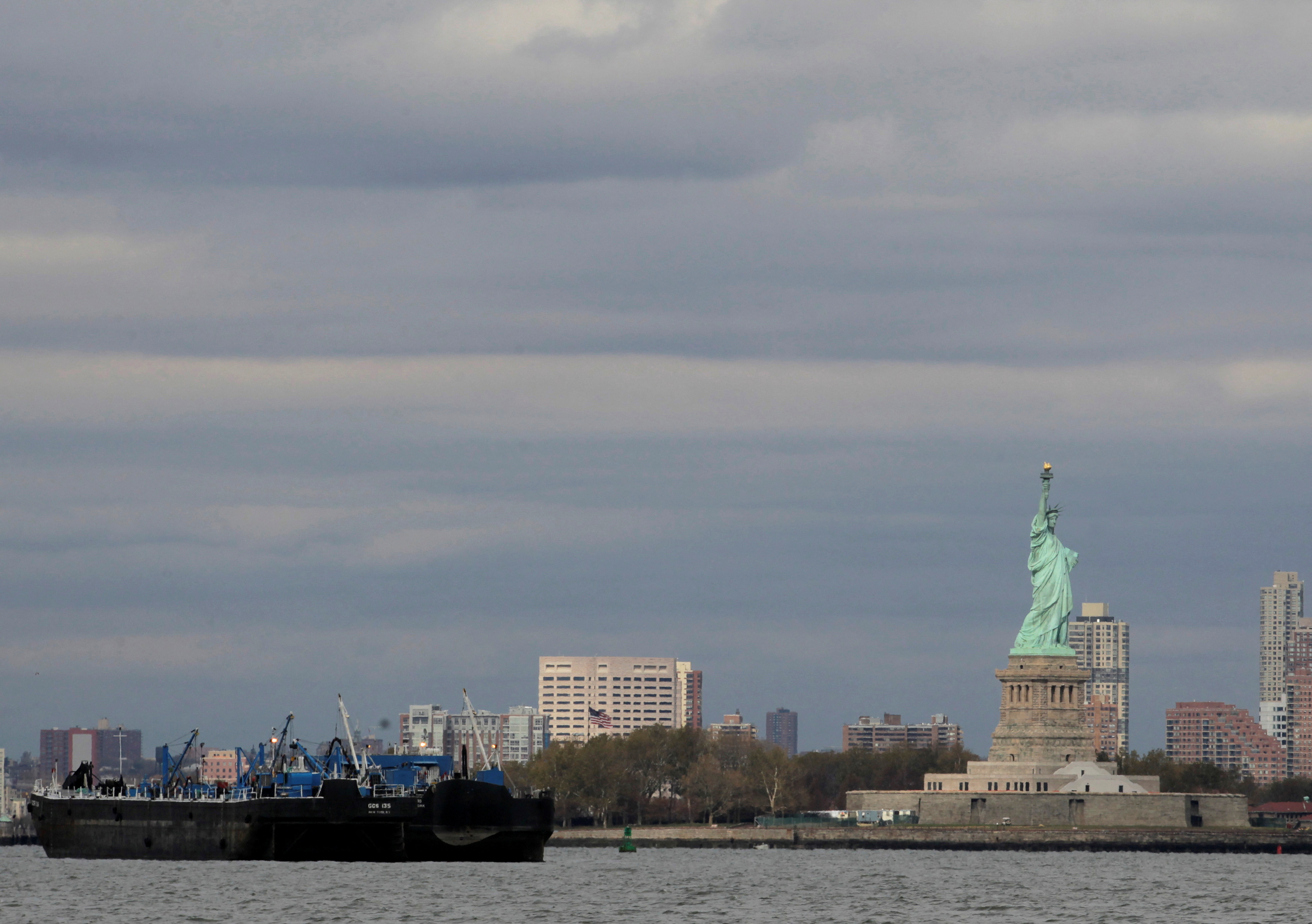 An oil tanker is anchored in New York Harbor
