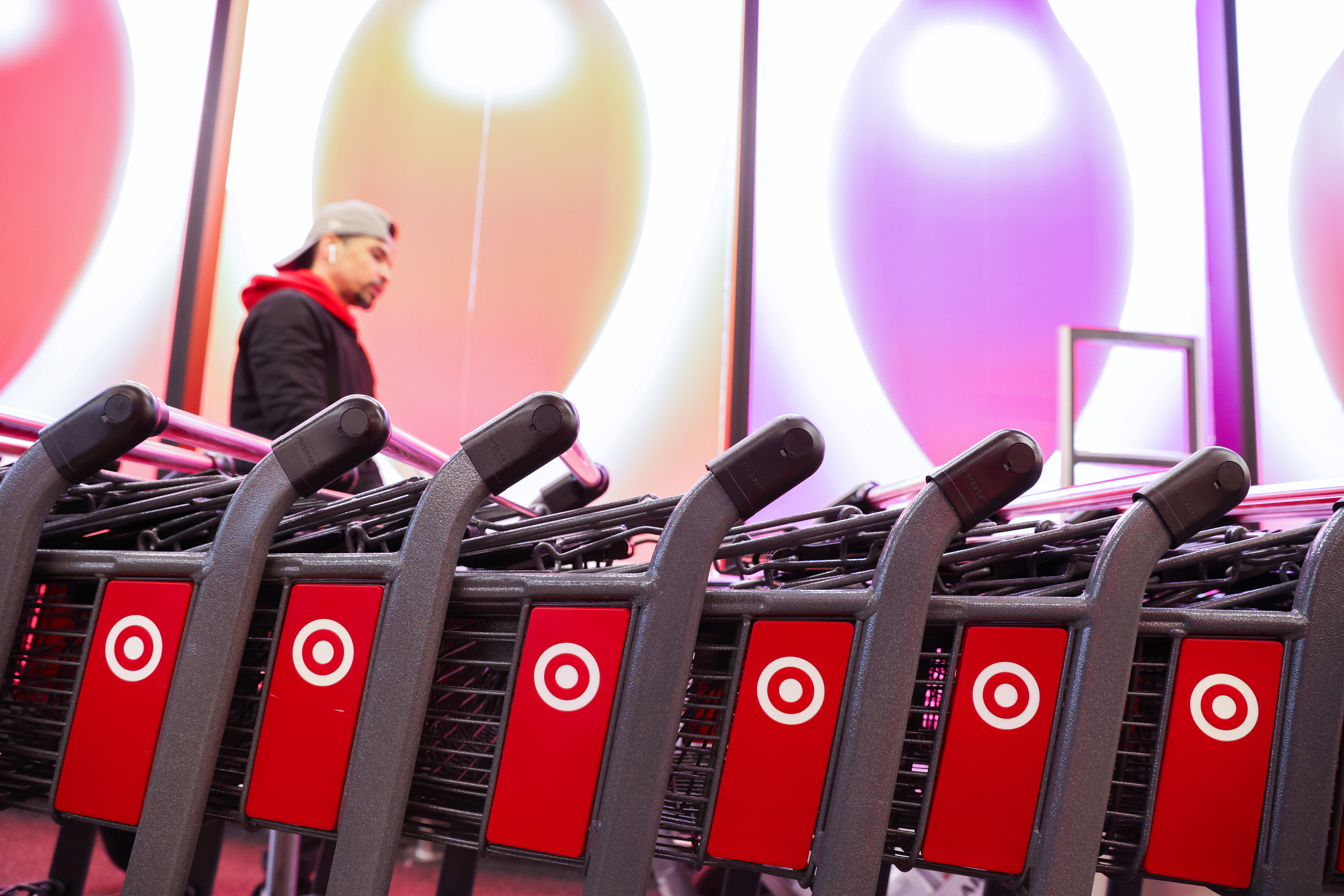 A Target logo is seen on shopping carts at a Target store in Manhattan, New York City