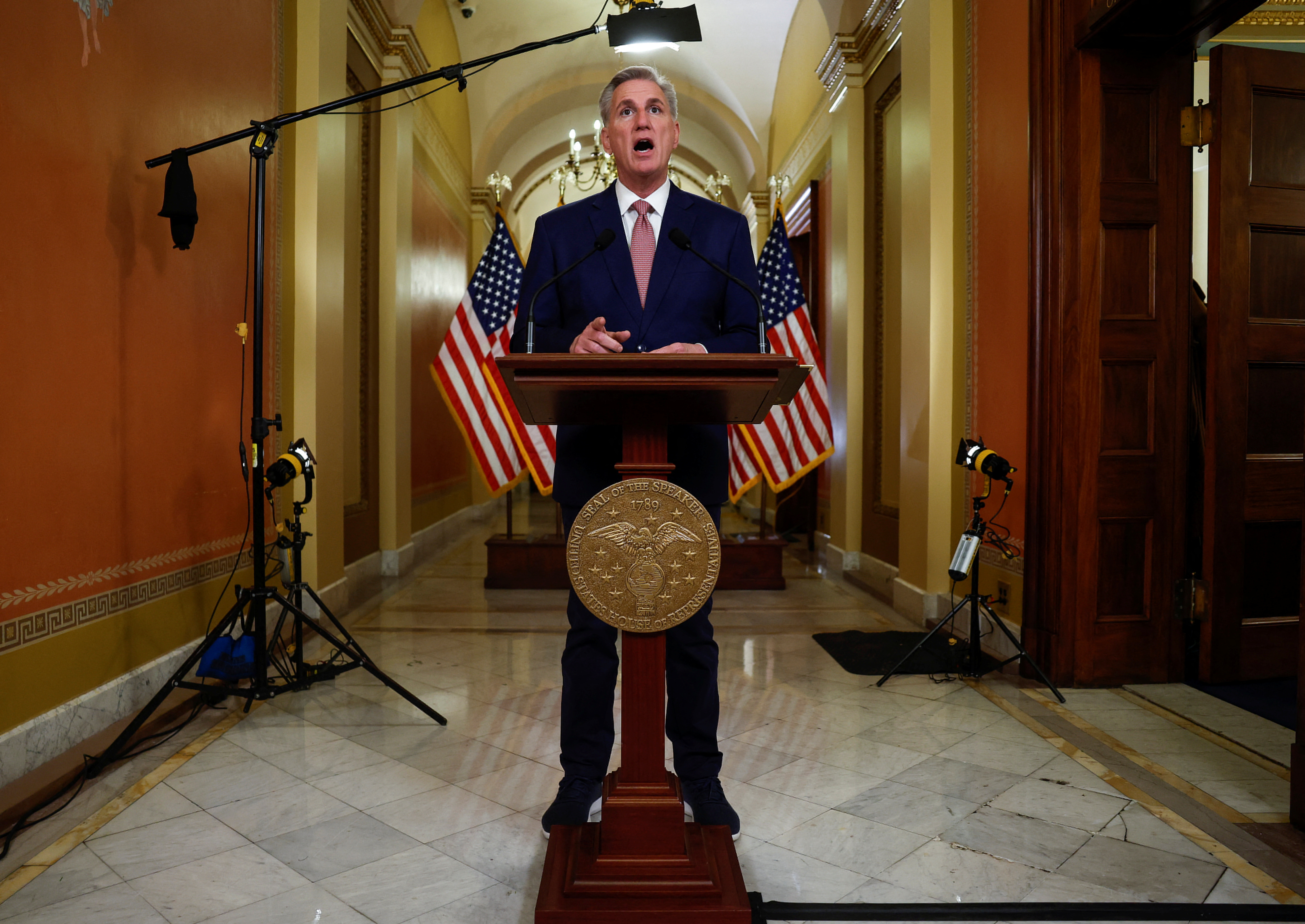 U.S. House Speaker Kevin McCarthy (R-CA) delivers remarks on the debt ceiling, in Washington
