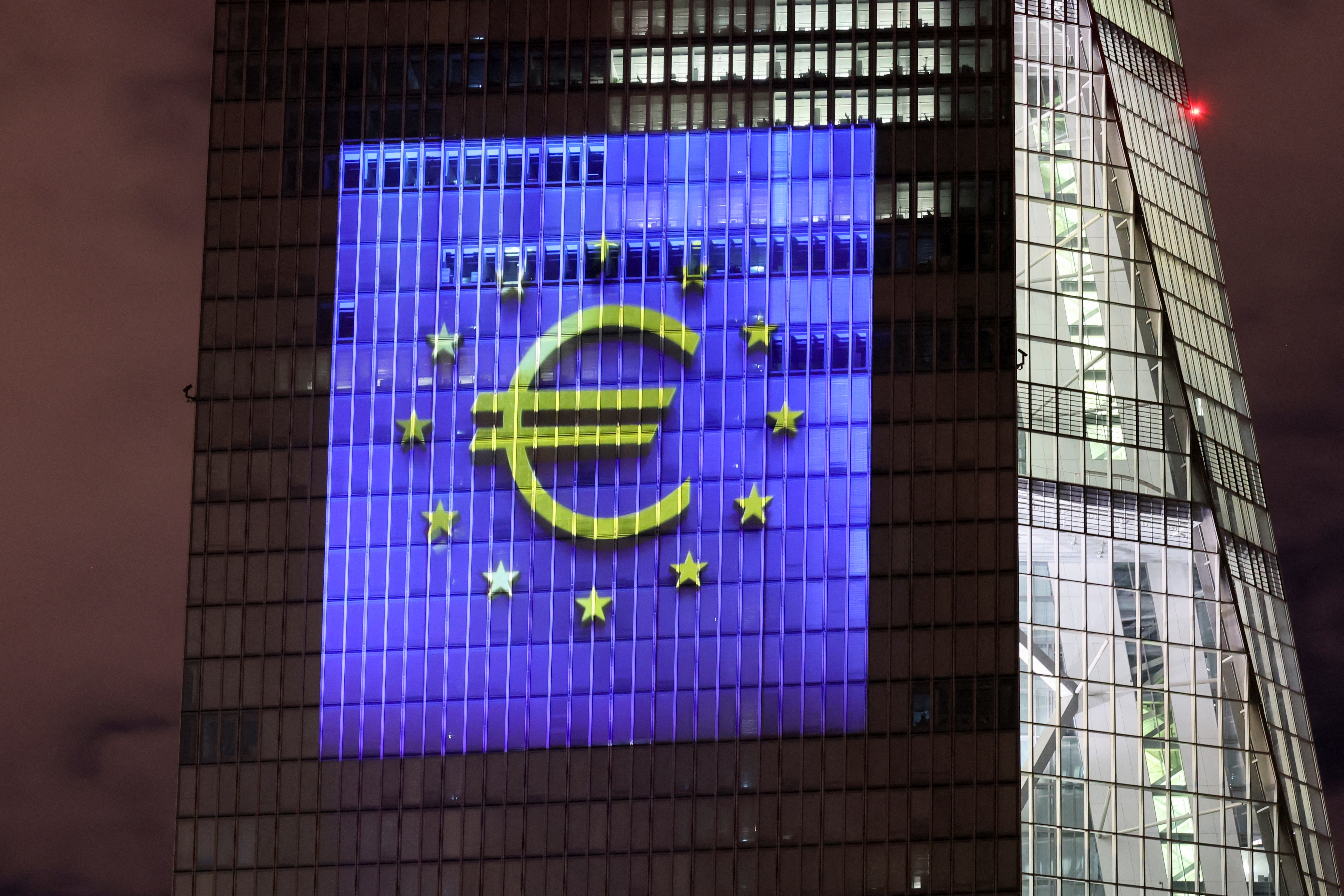Preview of the illumination at ECB headquarters for the Euro's 20th anniversary in Frankfurt