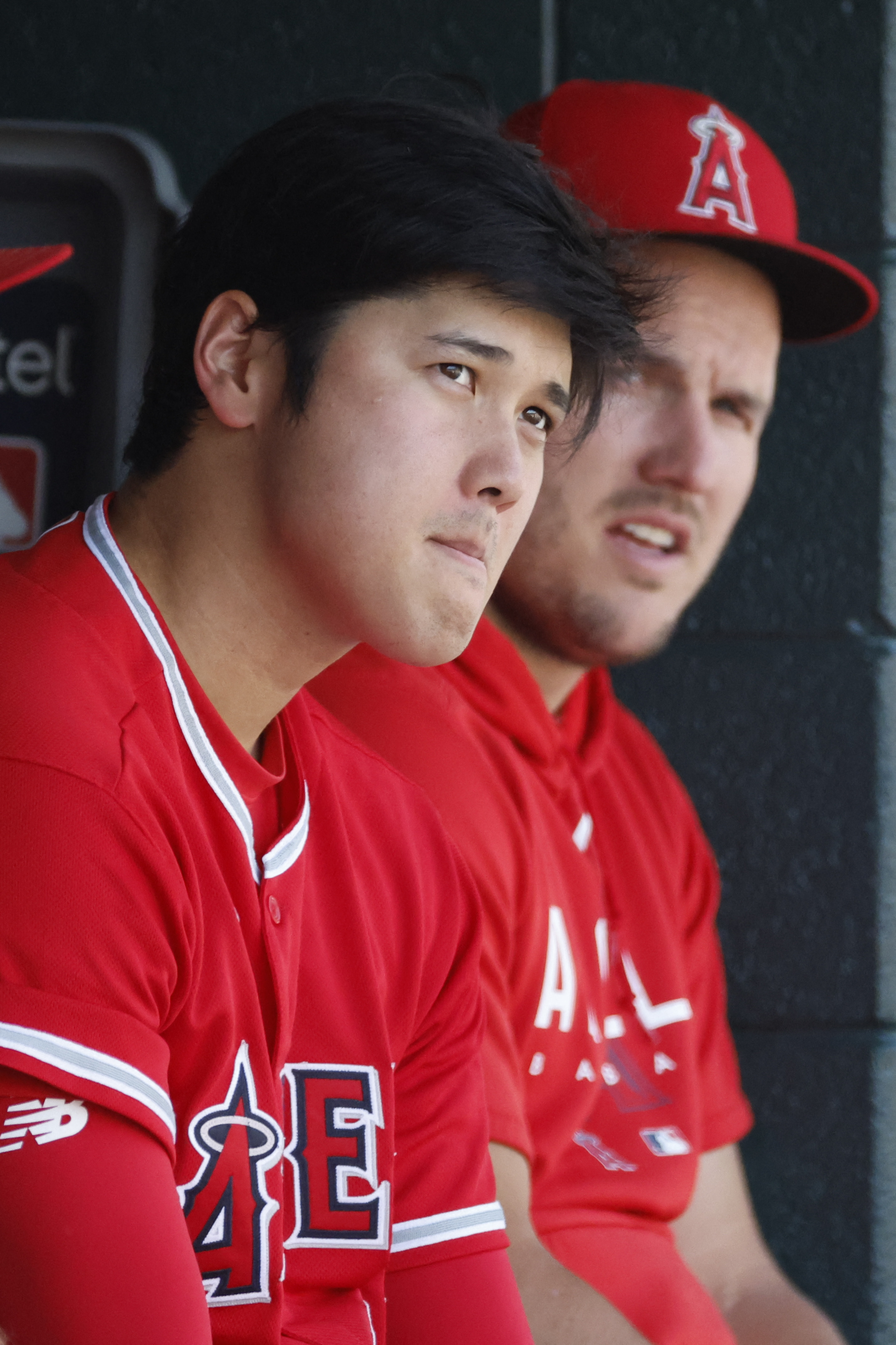 Los Angeles Angels pinch hitter Shohei Ohtani wears a jersey with