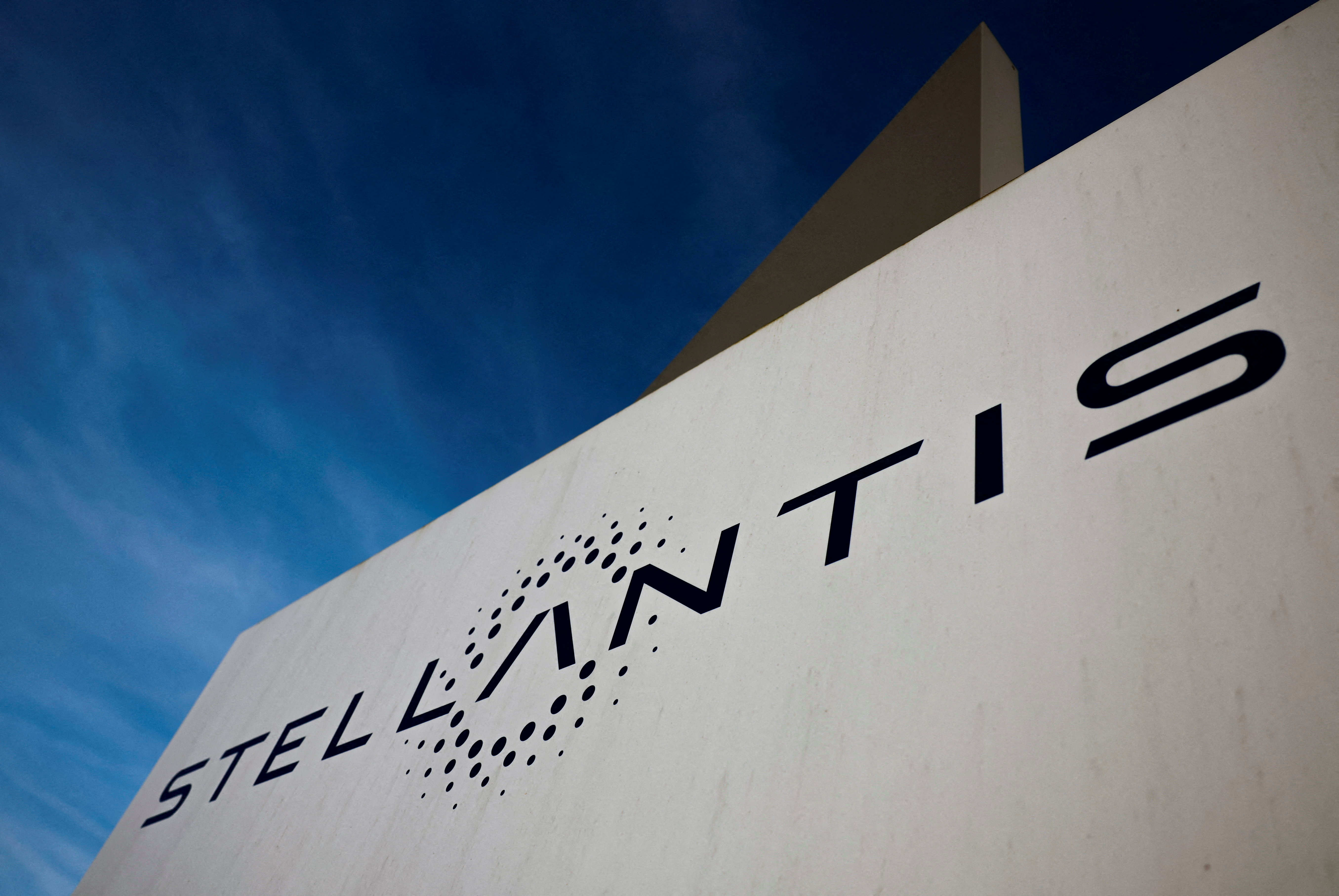 The logo of Stellantis is seen on the company's building in Velizy-Villacoublay near Paris