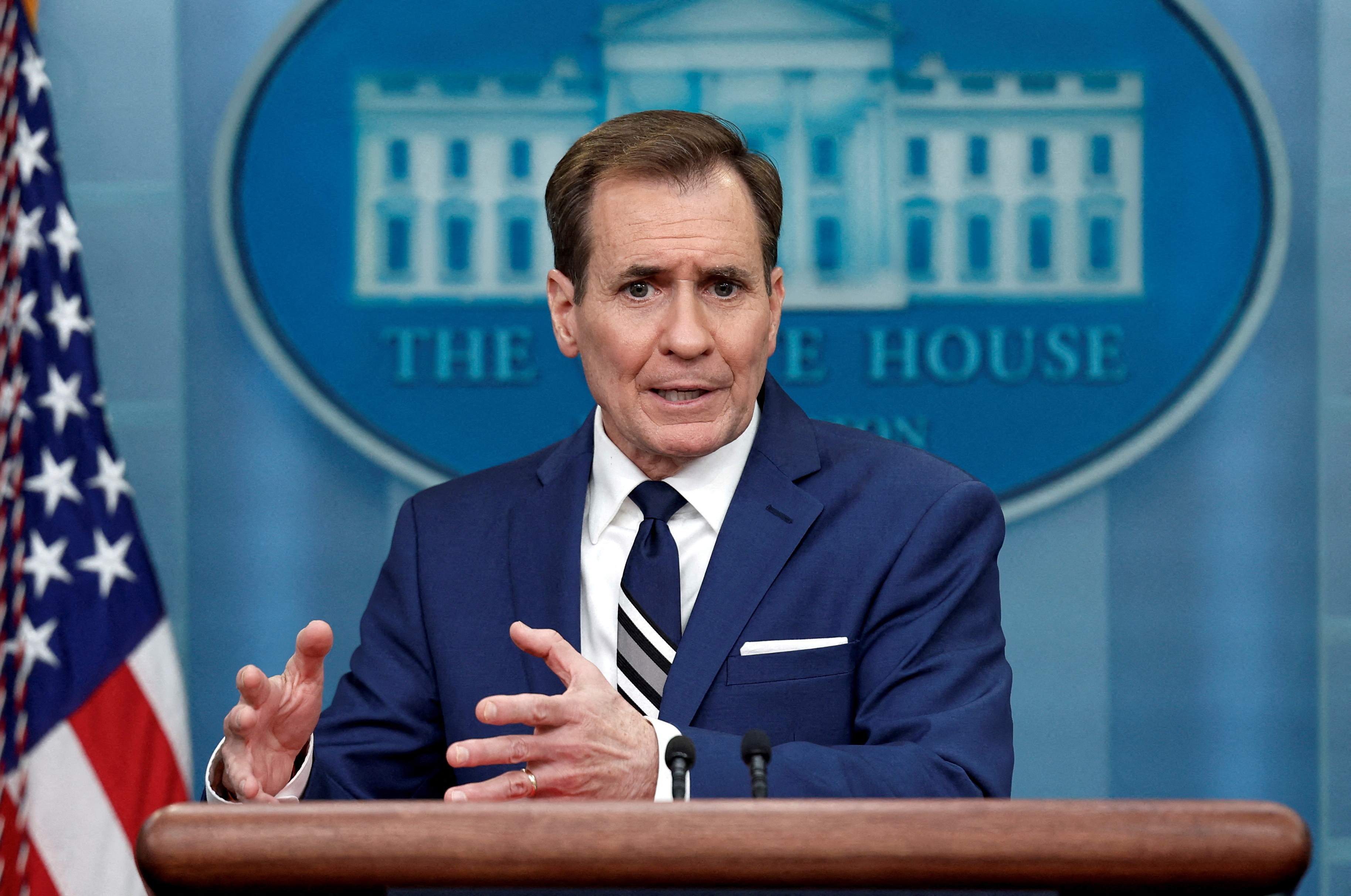 John Kirby, NSC Coordinator for Strategic Communications, speaks during the daily press briefing at the White House in Washington