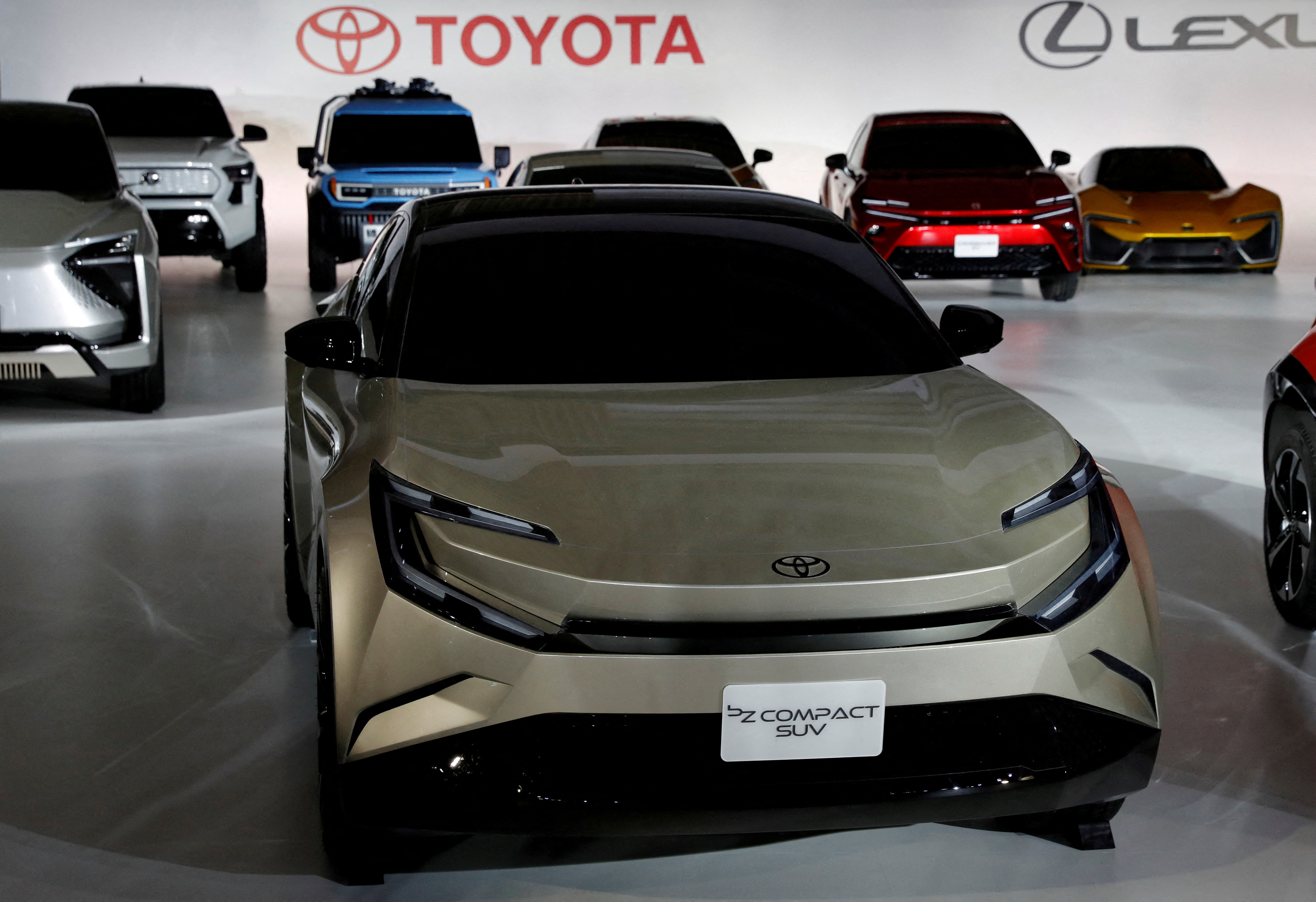 Toyota cars are seen after a briefing on battery EV strategy in Tokyo