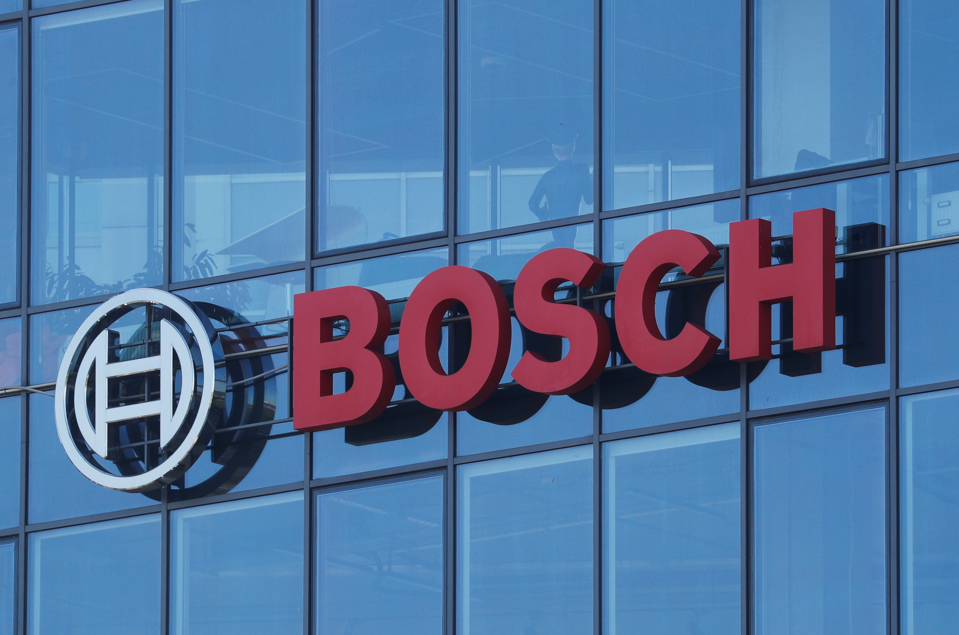 The logo of Bosch is seen at an office building in Kyiv