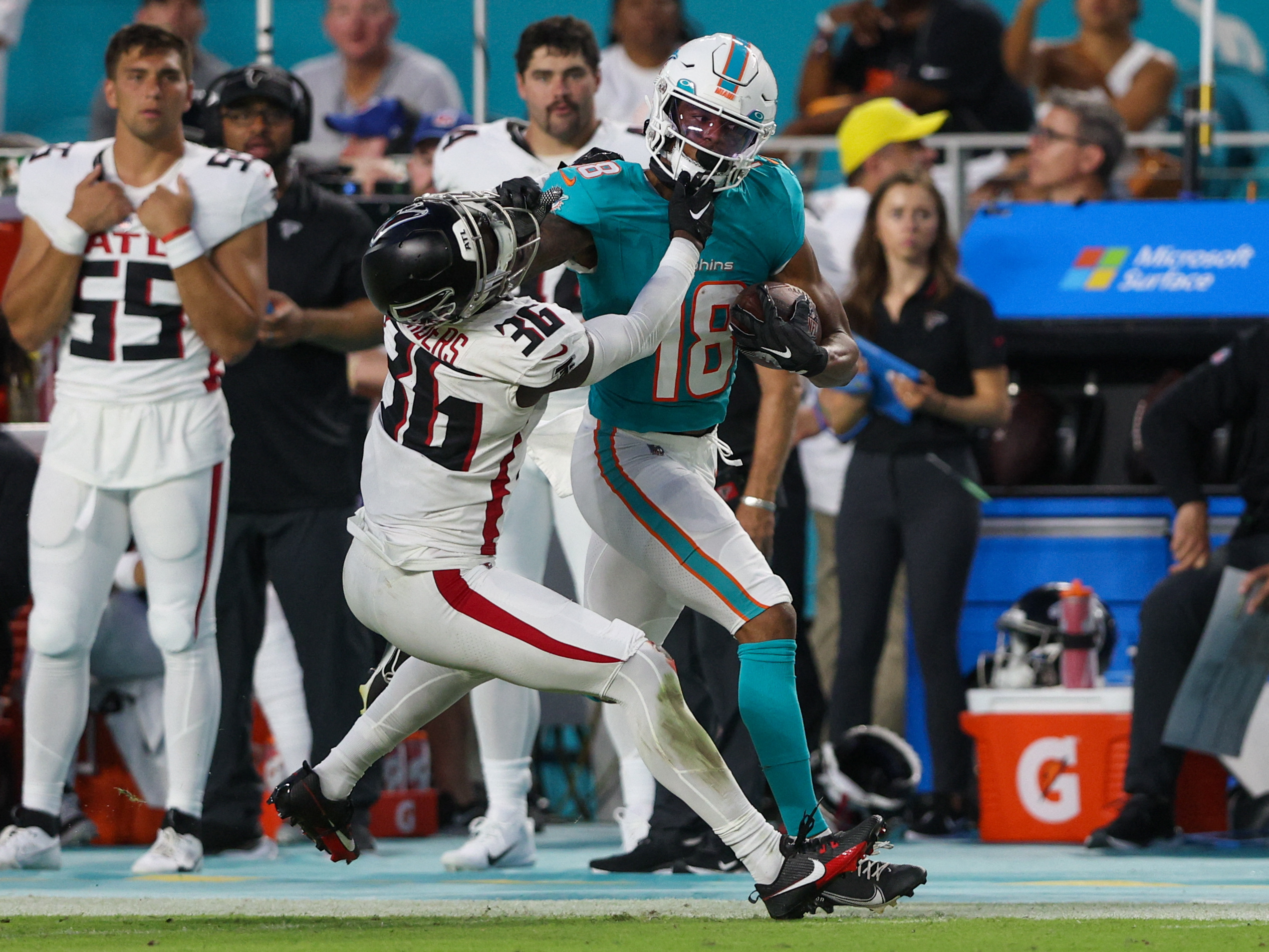 Atlanta Falcons running back Godwin Igwebuike sprints through Miami  Dolphins for an 11-yard TD run