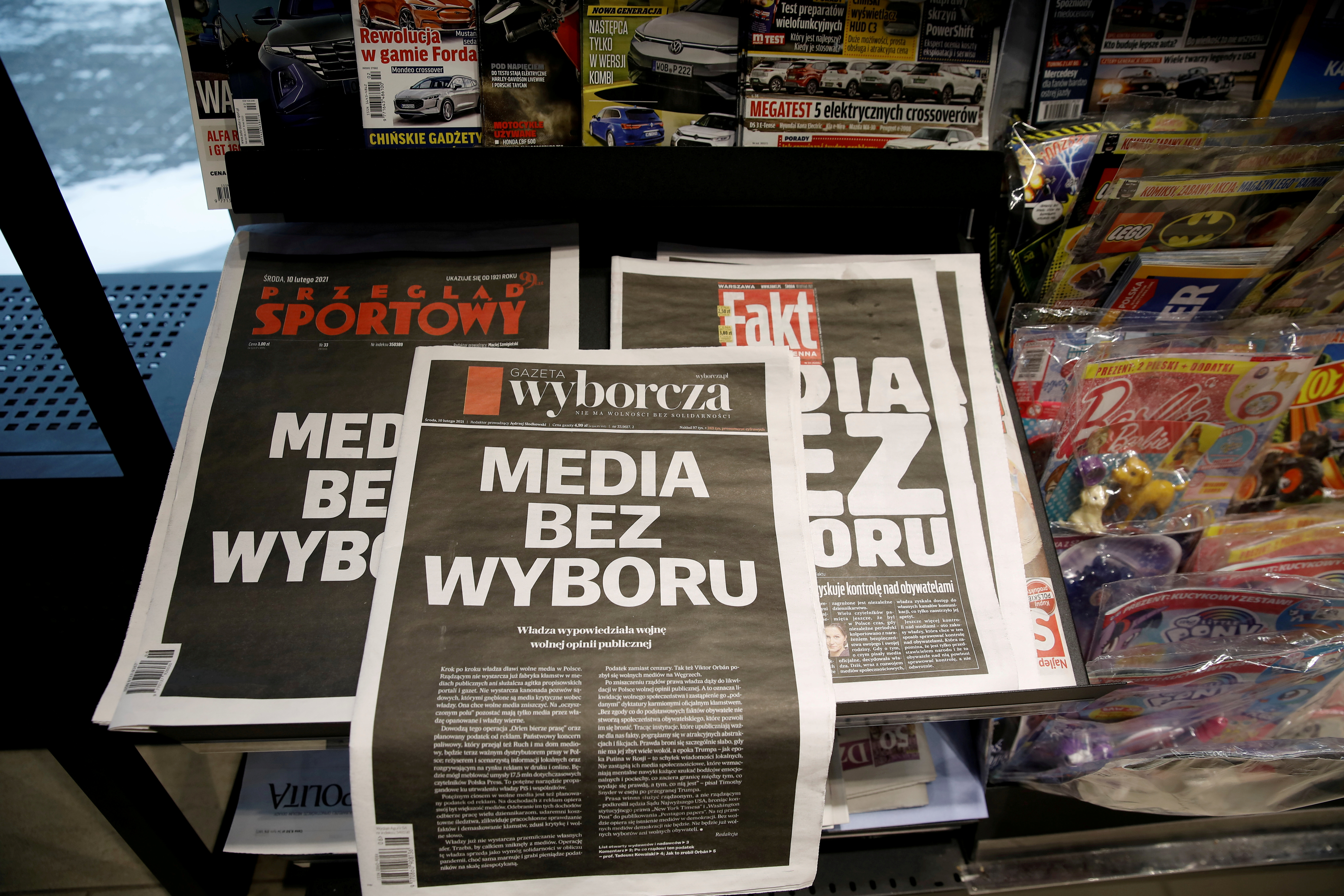 The first pages of Poland's main private newspapers have black front pages with the slogan 'Media without choice' written on them in protest against a proposed media advertising tax