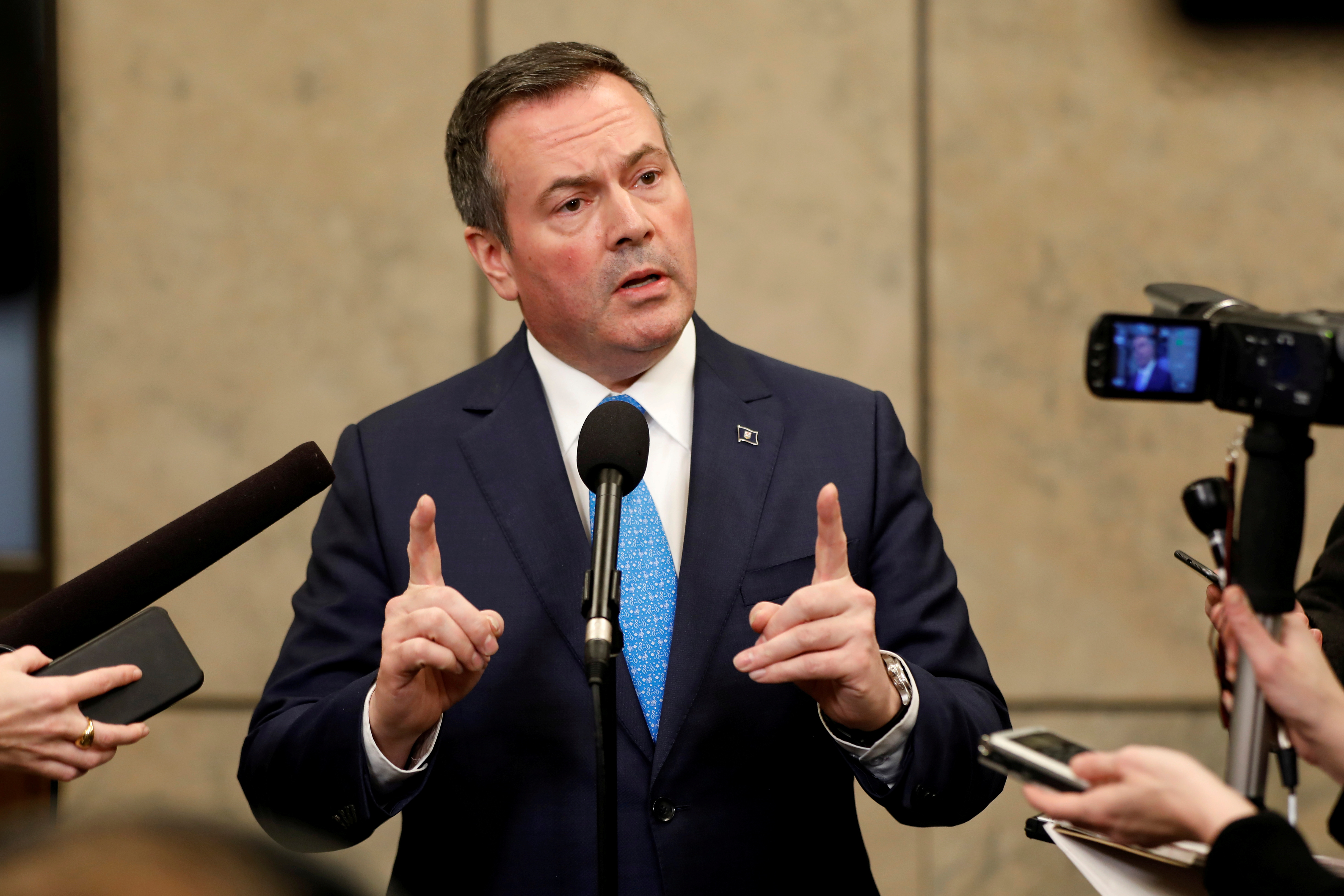 Alberta Premier Jason Kenney speaks during a news conference after meeting with Canada's Prime Minister Justin Trudeau on Parliament Hill in Ottawa