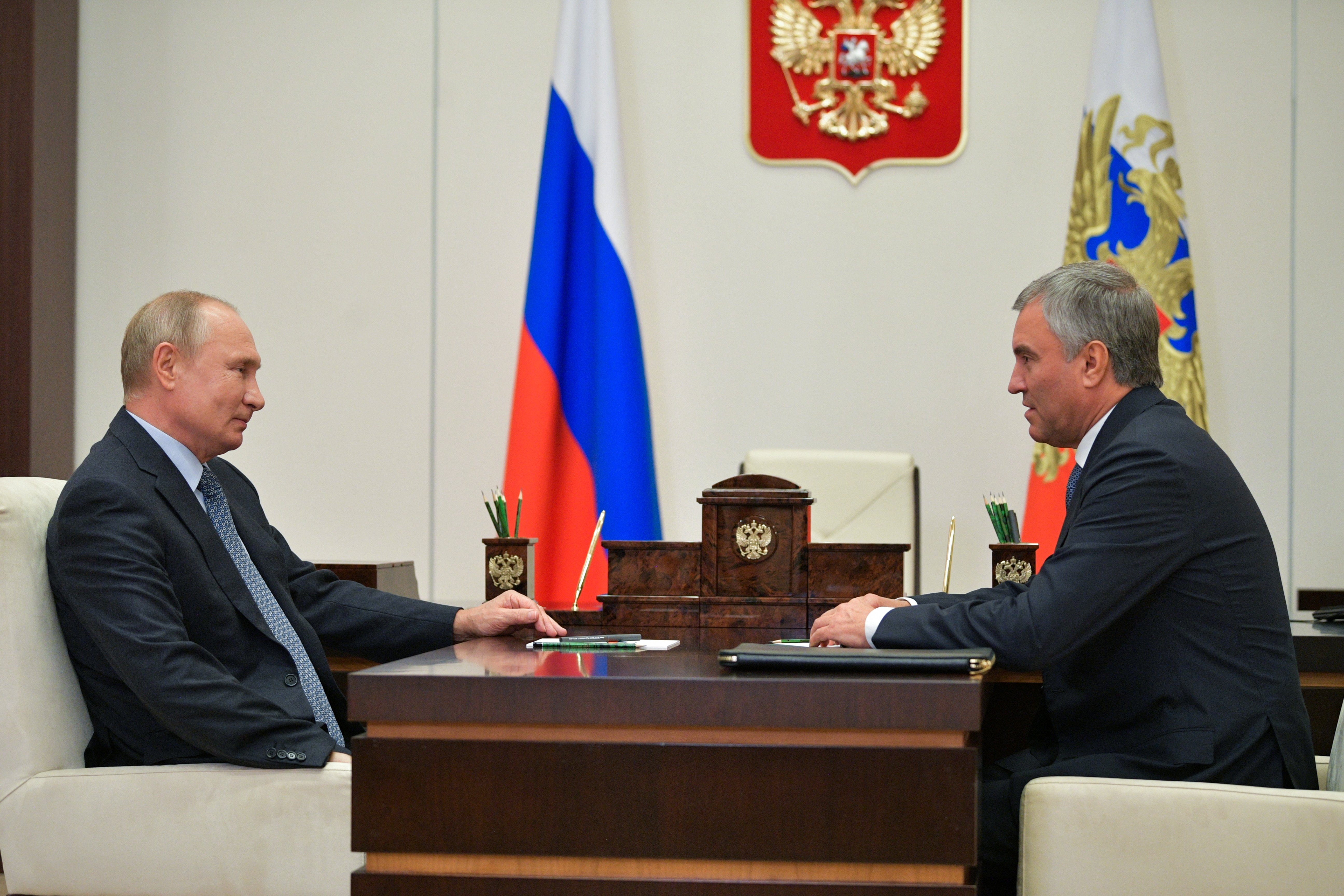 Russian President Vladimir Putin meets with State Duma Speaker Vyacheslav Volodin outside Moscow