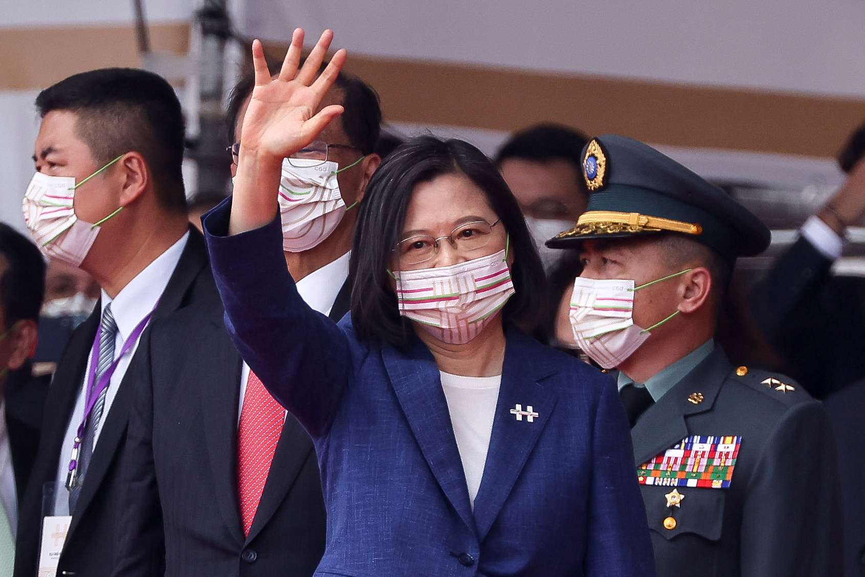 Taiwan's President Tsai Ing-wen waves during the national day celebration in Taipei, Taiwan, October 10,2021. REUTERS/ Ann Wang