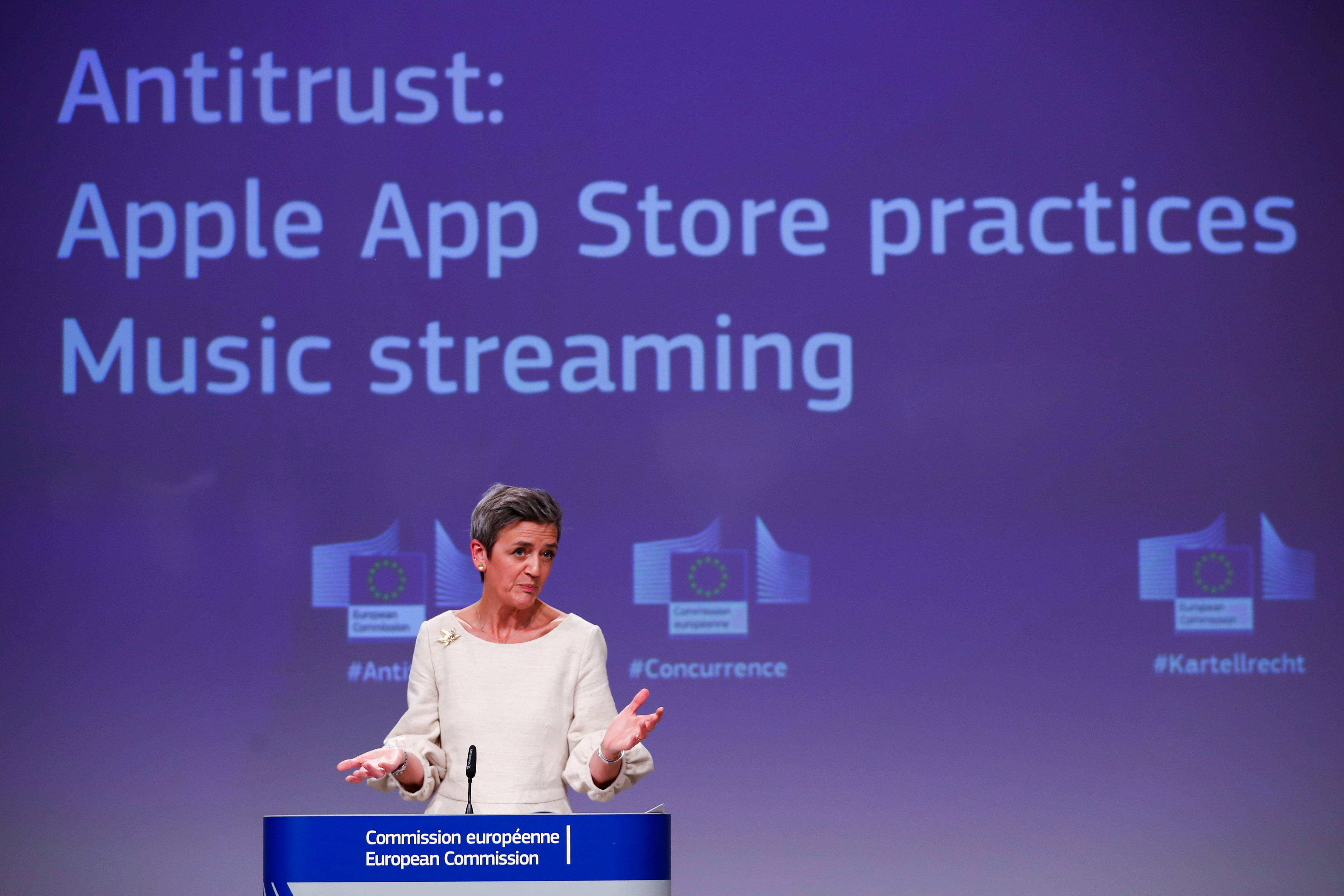 EU's Vestager holds a news conference on Apple anti-trust complaint