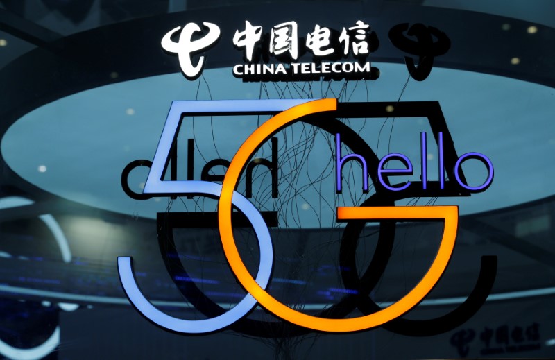 A sign of 5G is pictured at the booth of China Telecom during an internet expo at the fifth WIC in Wuzhen
