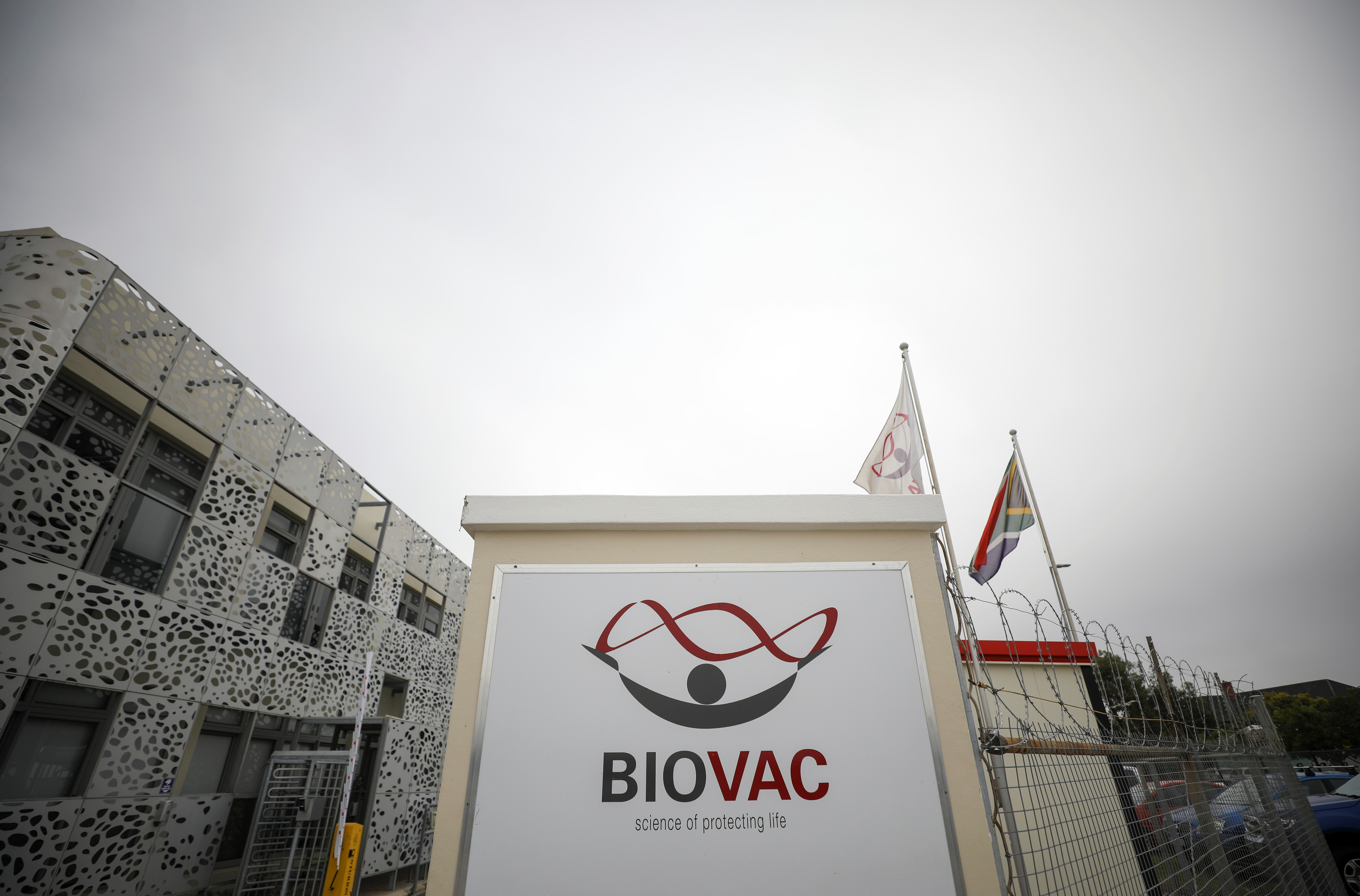 The logo of South African vaccine manufacturing and storage company Biovac is seen outside the company's offices in Cape Town