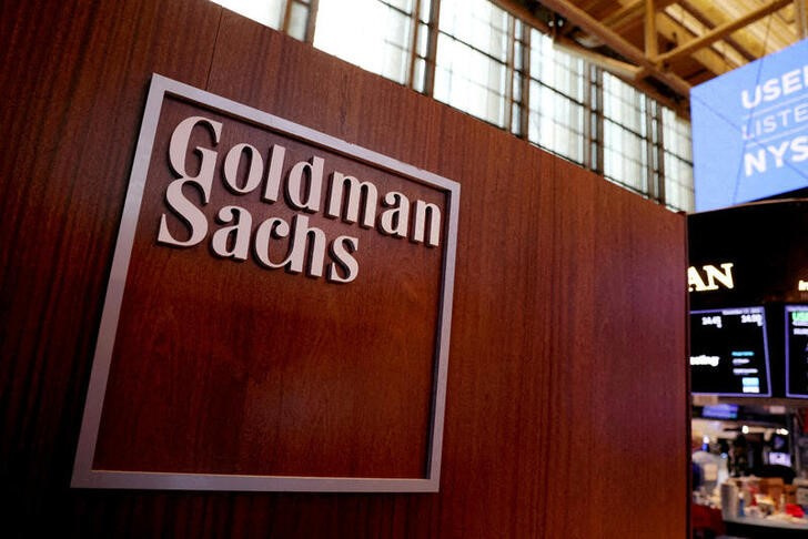 The logo for Goldman Sachs is seen on the trading floor at the New York Stock Exchange (NYSE) in New York City