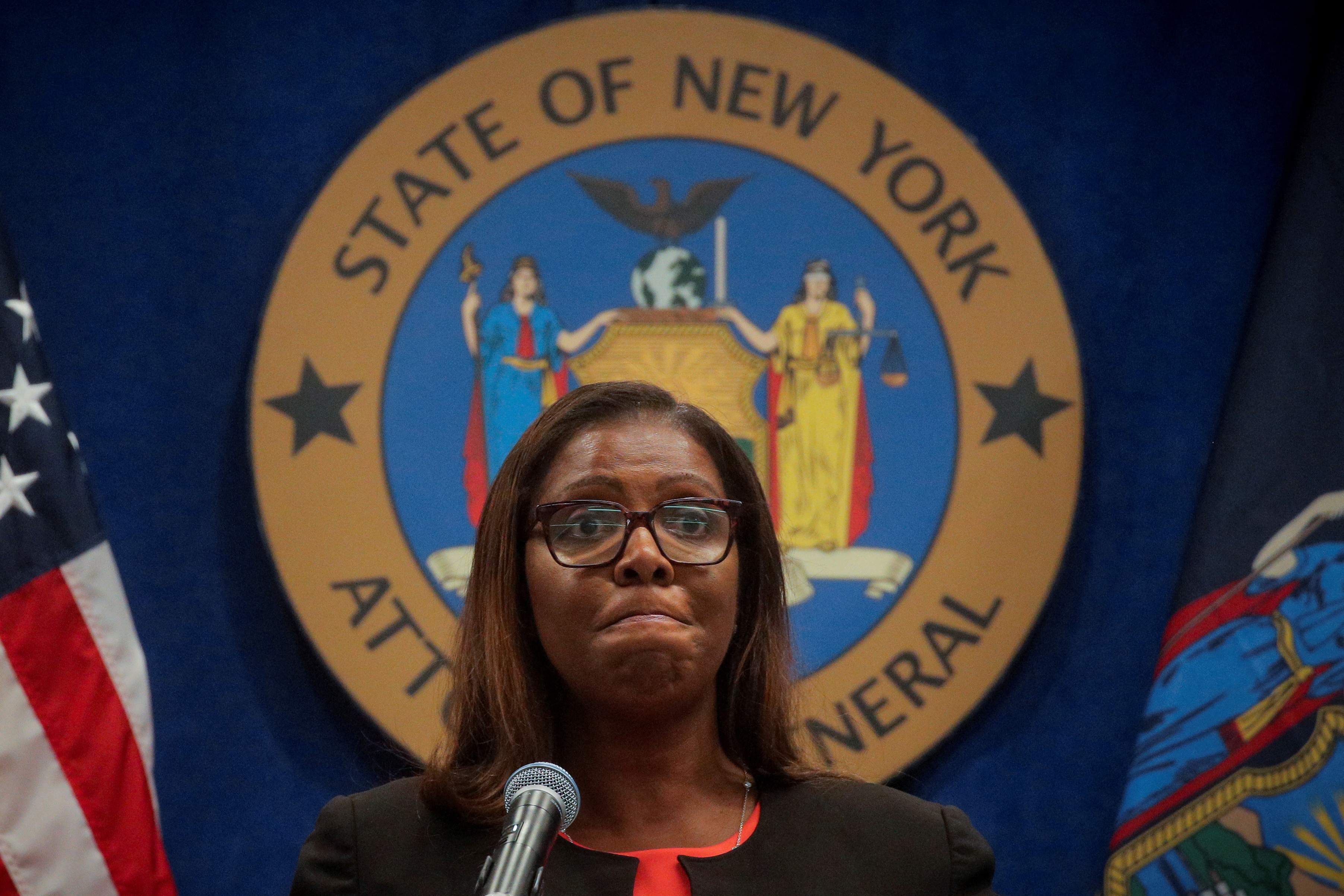 New York State Attorney General Letitia James speaks during a news conference, to announce a suit to dissolve the National Rifle Association, In New York
