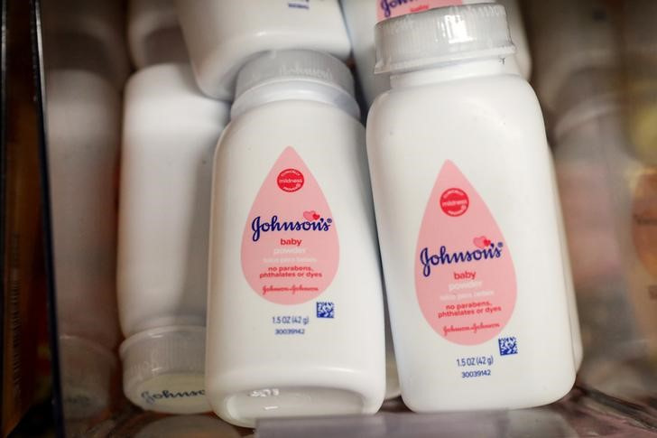 Bottles of Johnson's baby powder are displayed in a store in New York
