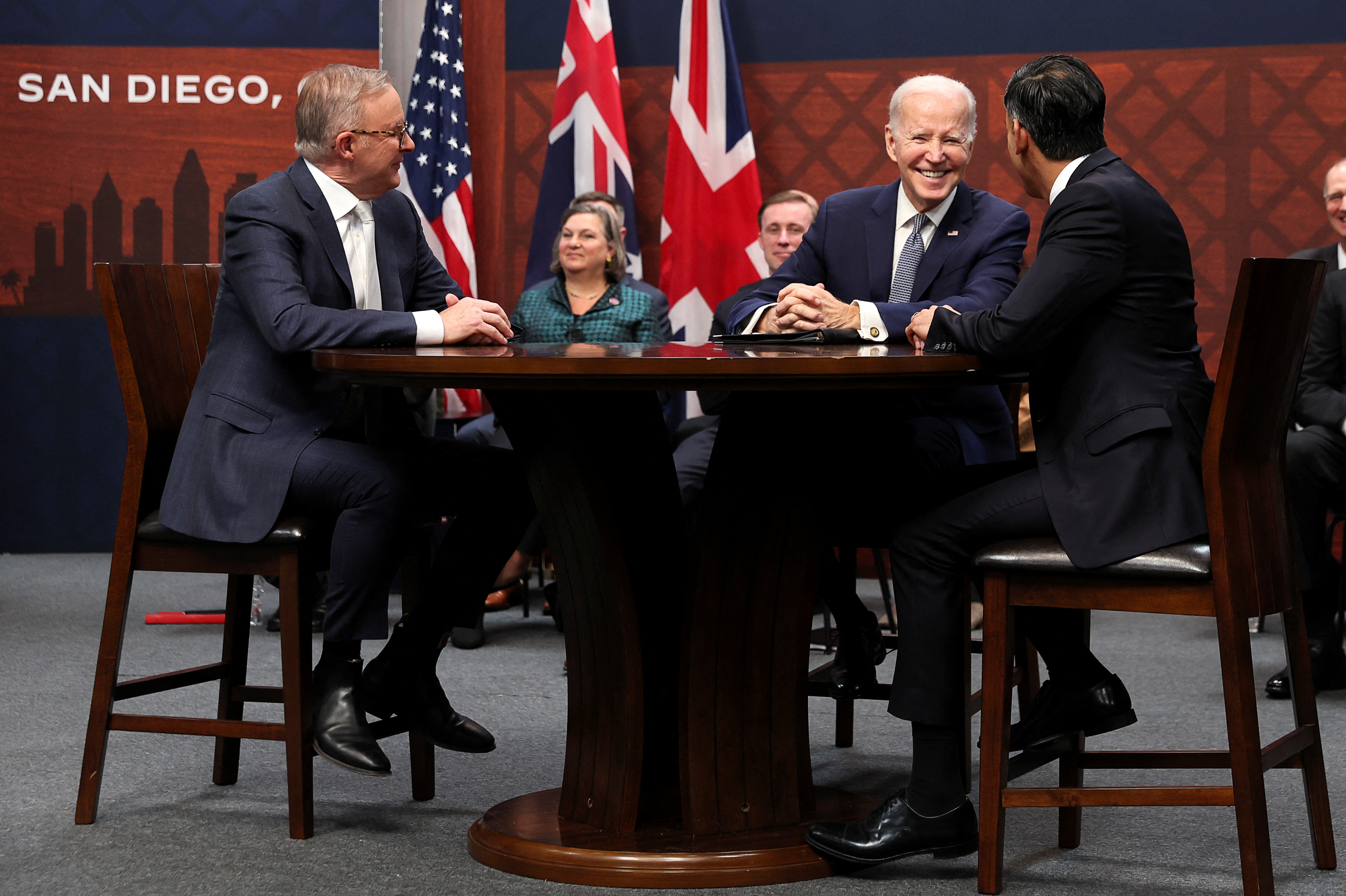 U.S. President Biden attends a trilateral meeting with Australian PM Albanese and British PM Sunak at Naval Base Point Loma in San Diego