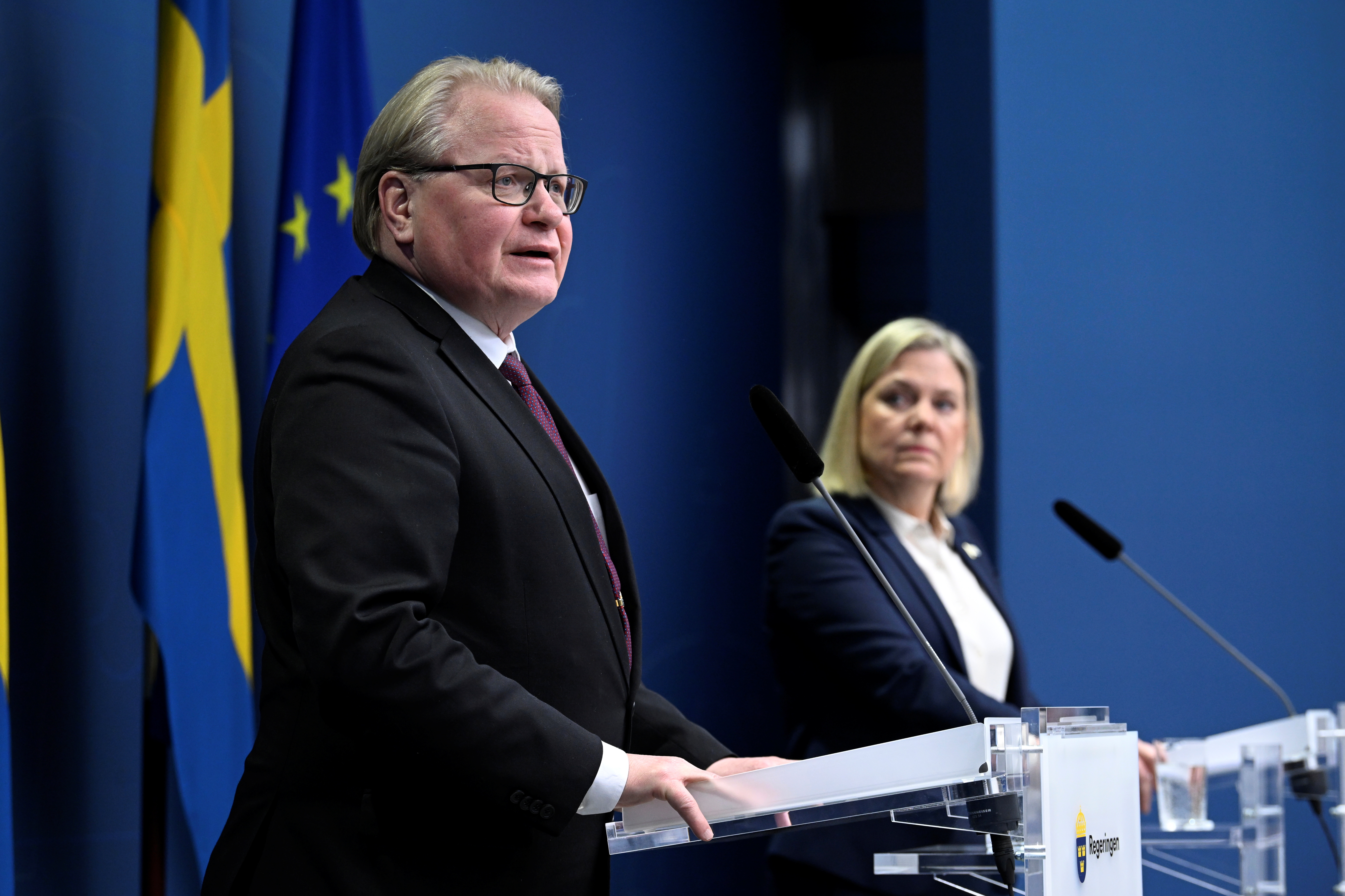 Swedish Prime Minister Andersson and Defence Minister Hultqvist attend news conference in Stockholm