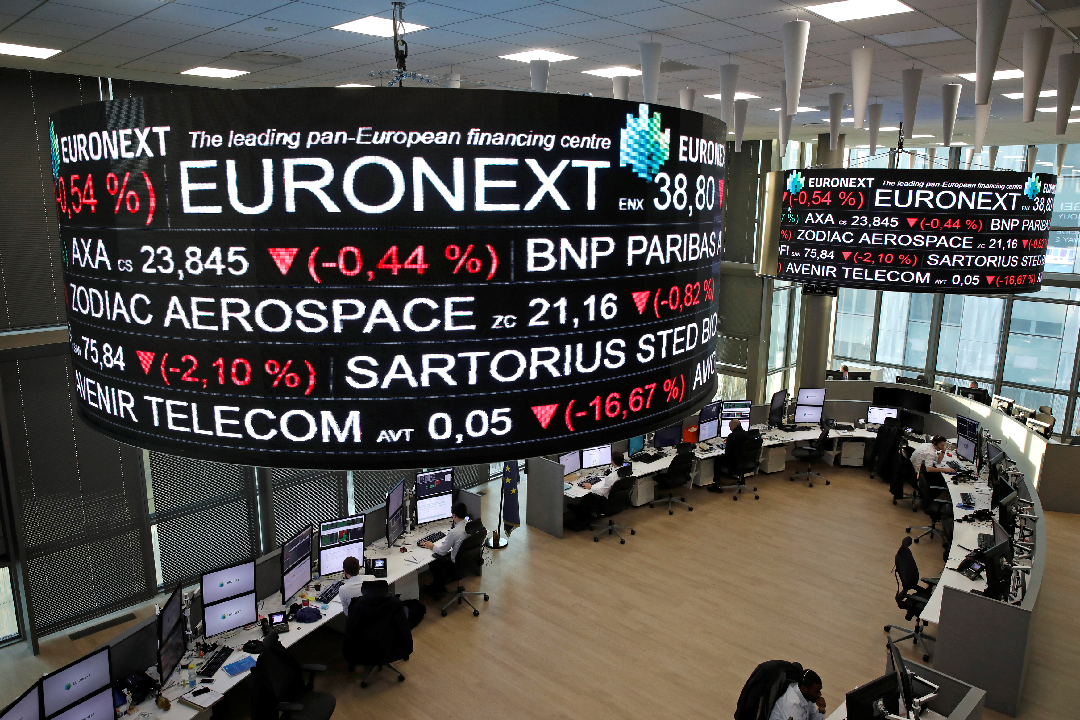 Company stock price information is displayed on screens as they hang above the Paris stock exchange, operated by Euronext NV, in La Defense business district in Paris