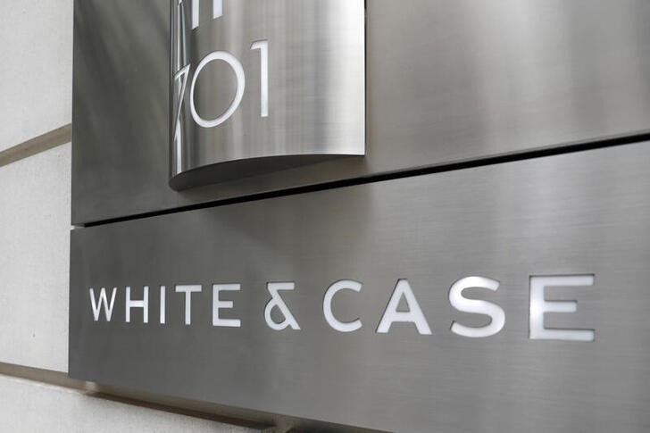 The logo of law firm White & Case LLP is seen outside of their office in Washington, D.C.