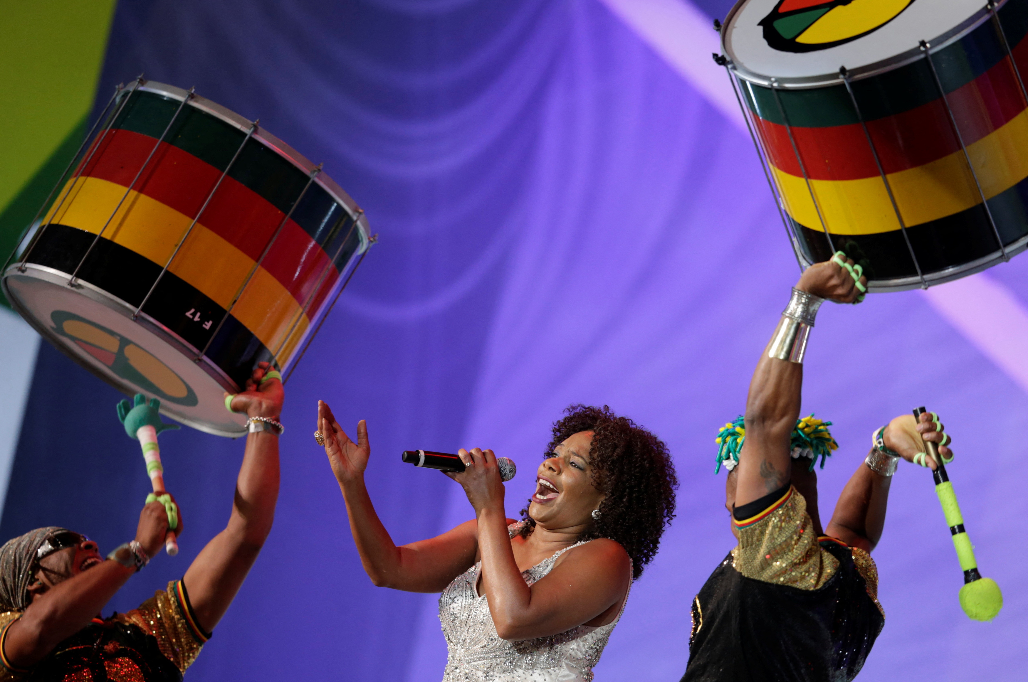Margareth  Menezes performs during the draw for the 2014 World Cup in Sao Joao da Mata