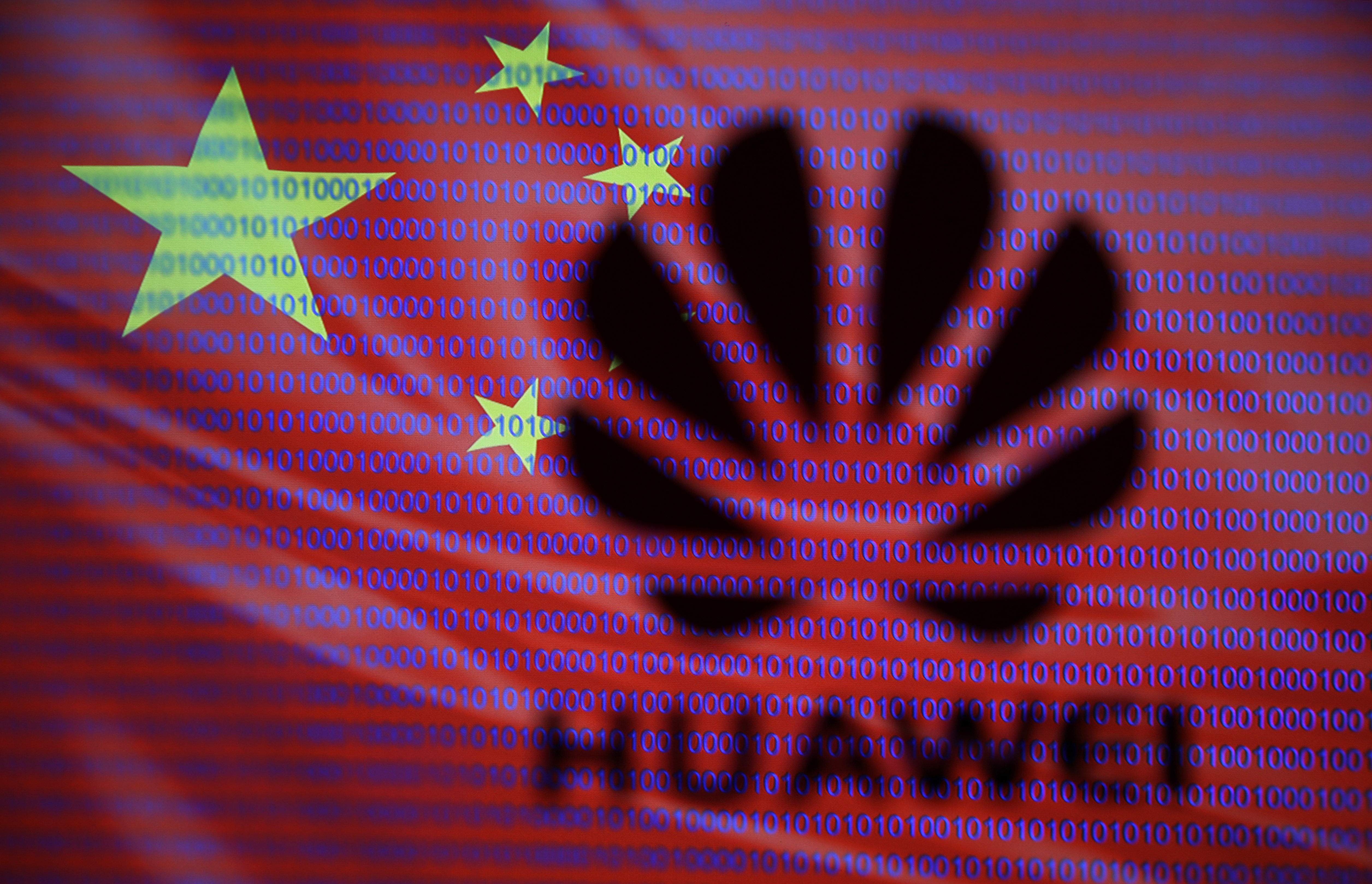 A 3-D printed Huawei logo is seen in front of displayed flag of China and cyber code in this illustration