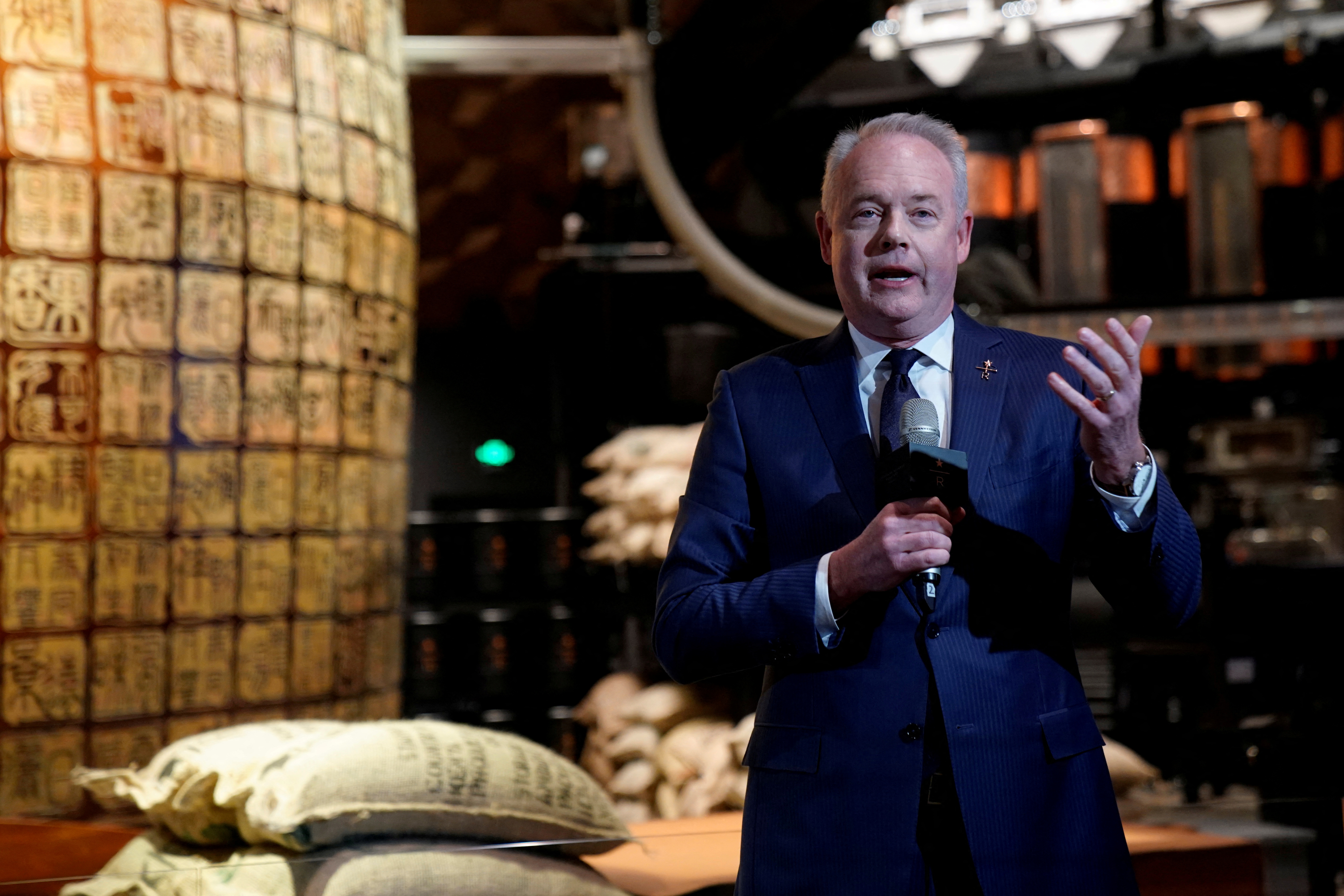 Starbucks CEO Kevin Johnson attends a press conference at the new Starbucks Reserve Roastery in Shanghai