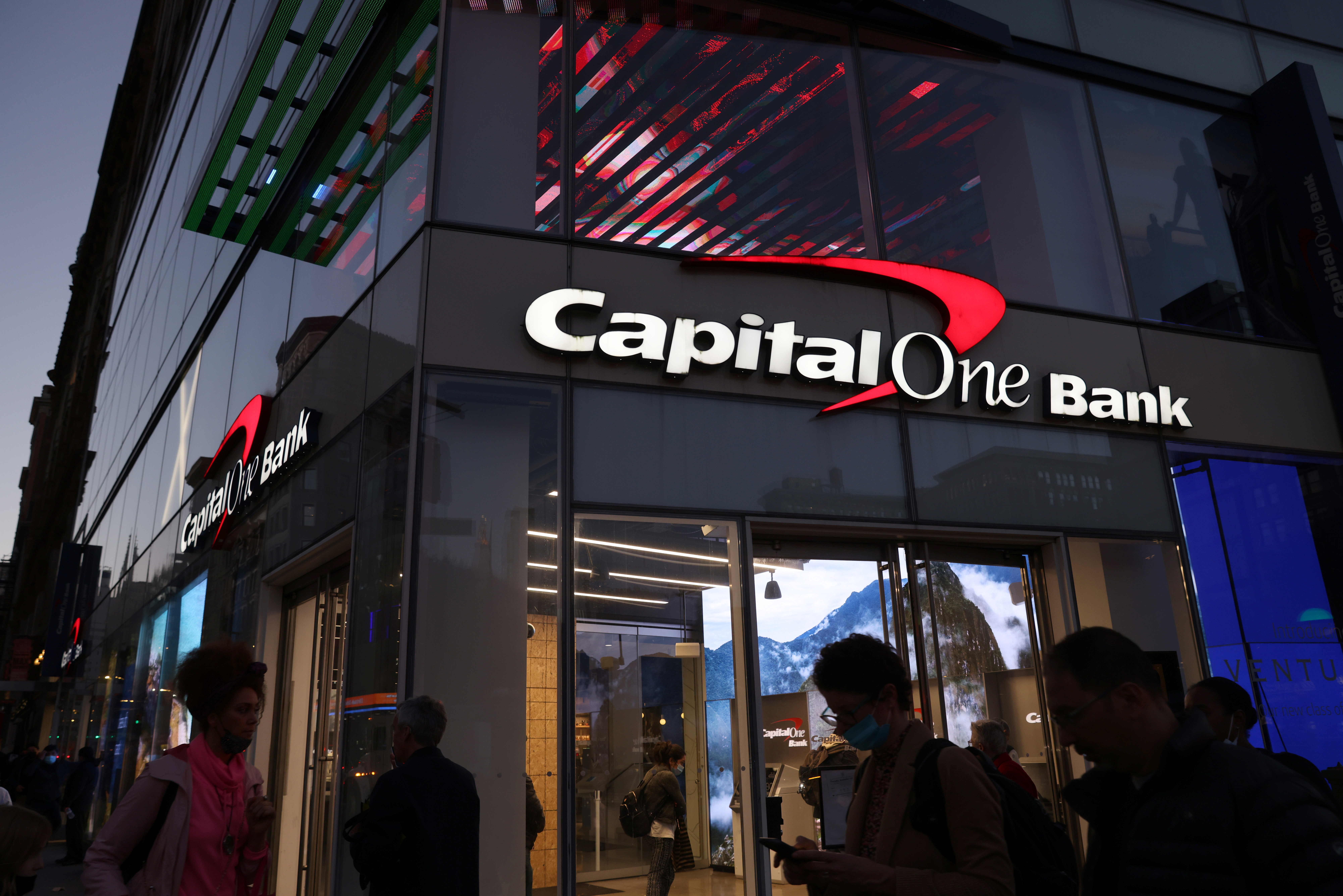Signage is seen outside a Capital One Bank in Manhattan, New York