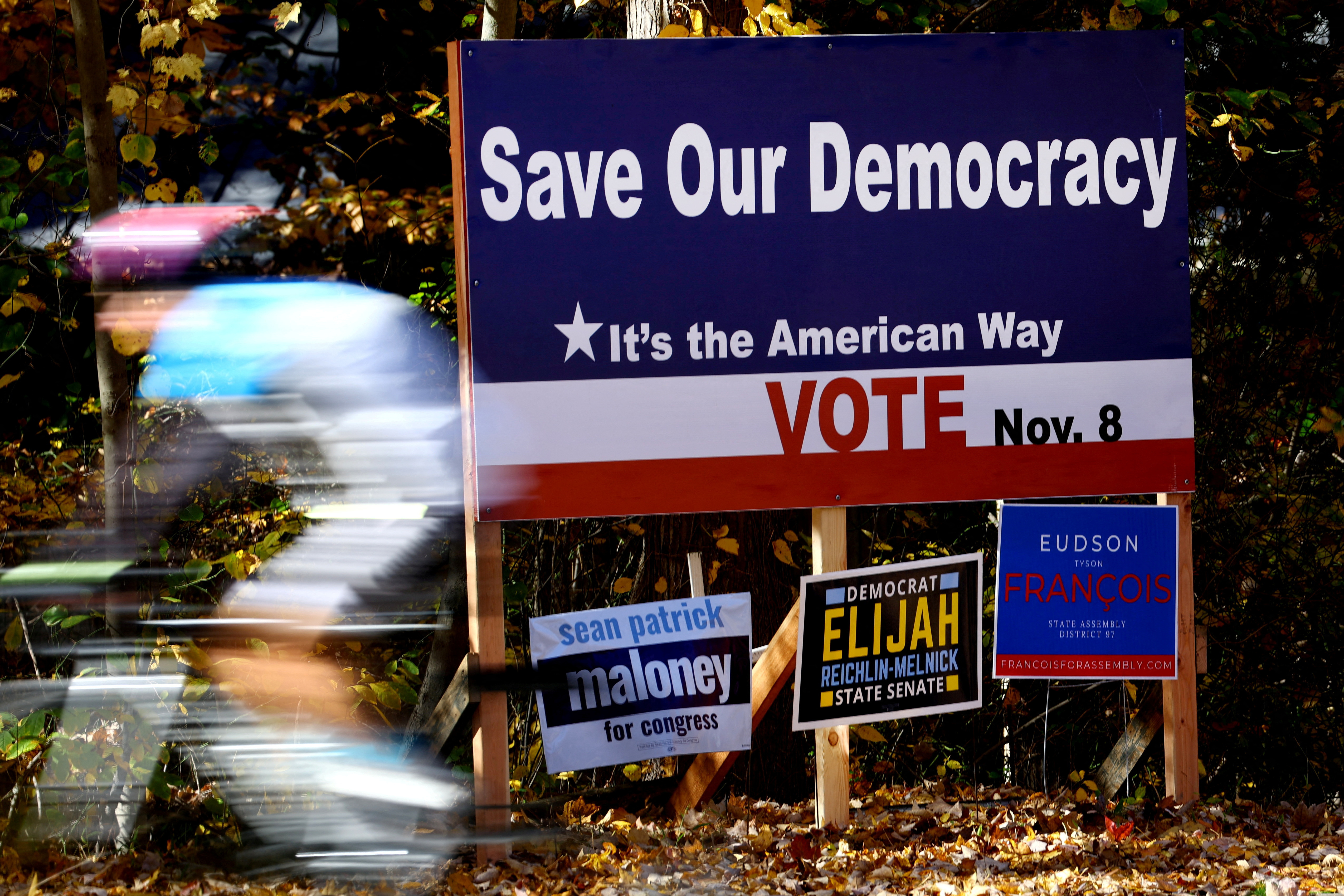 Political signs ahead of the November 8 U.S. midterm elections in Palisades, New York