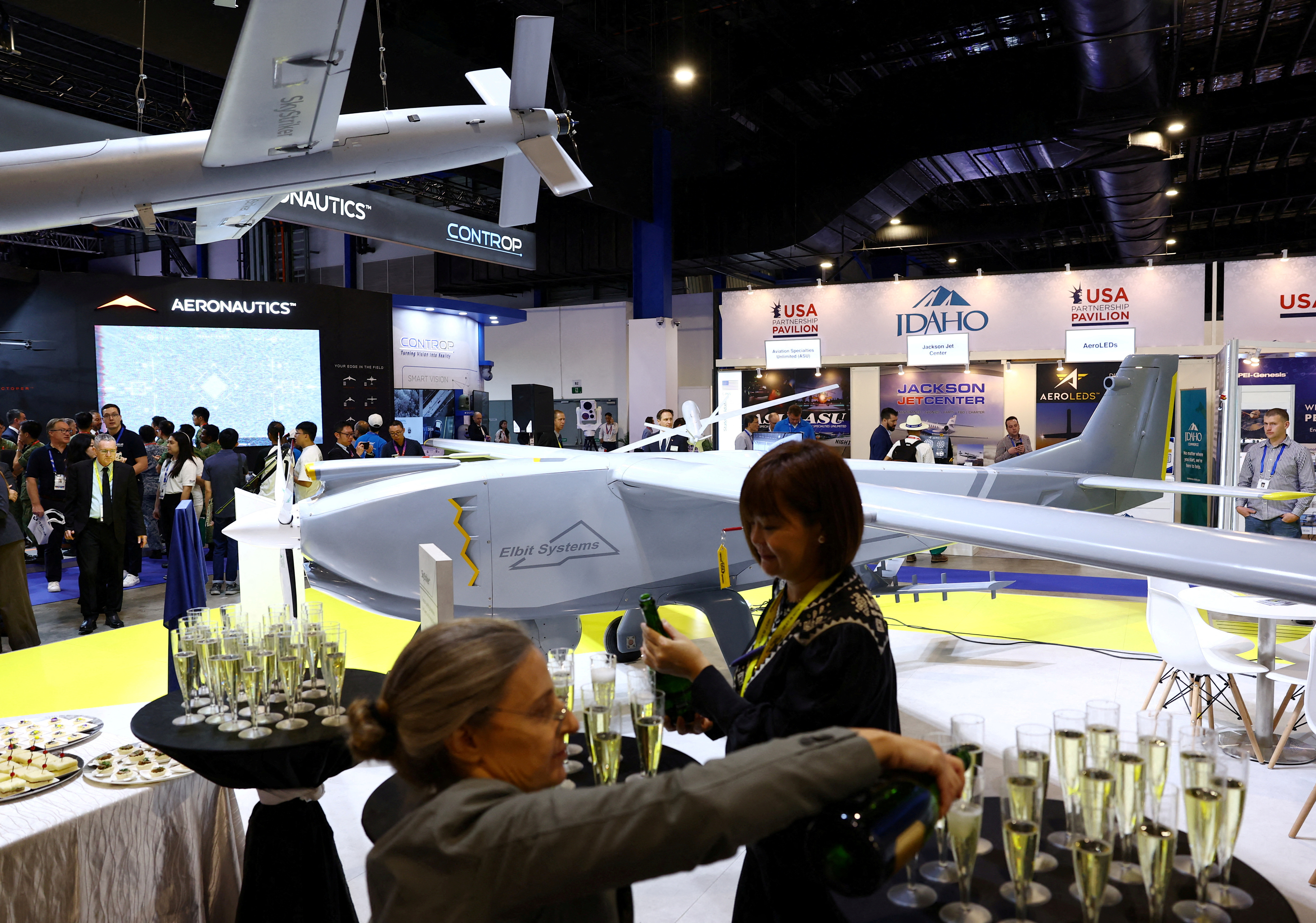 Israel's Elbit Systems launches the Hermes 650 Spark unmanned aerial vehicle (UAV) during the Singapore Airshow
