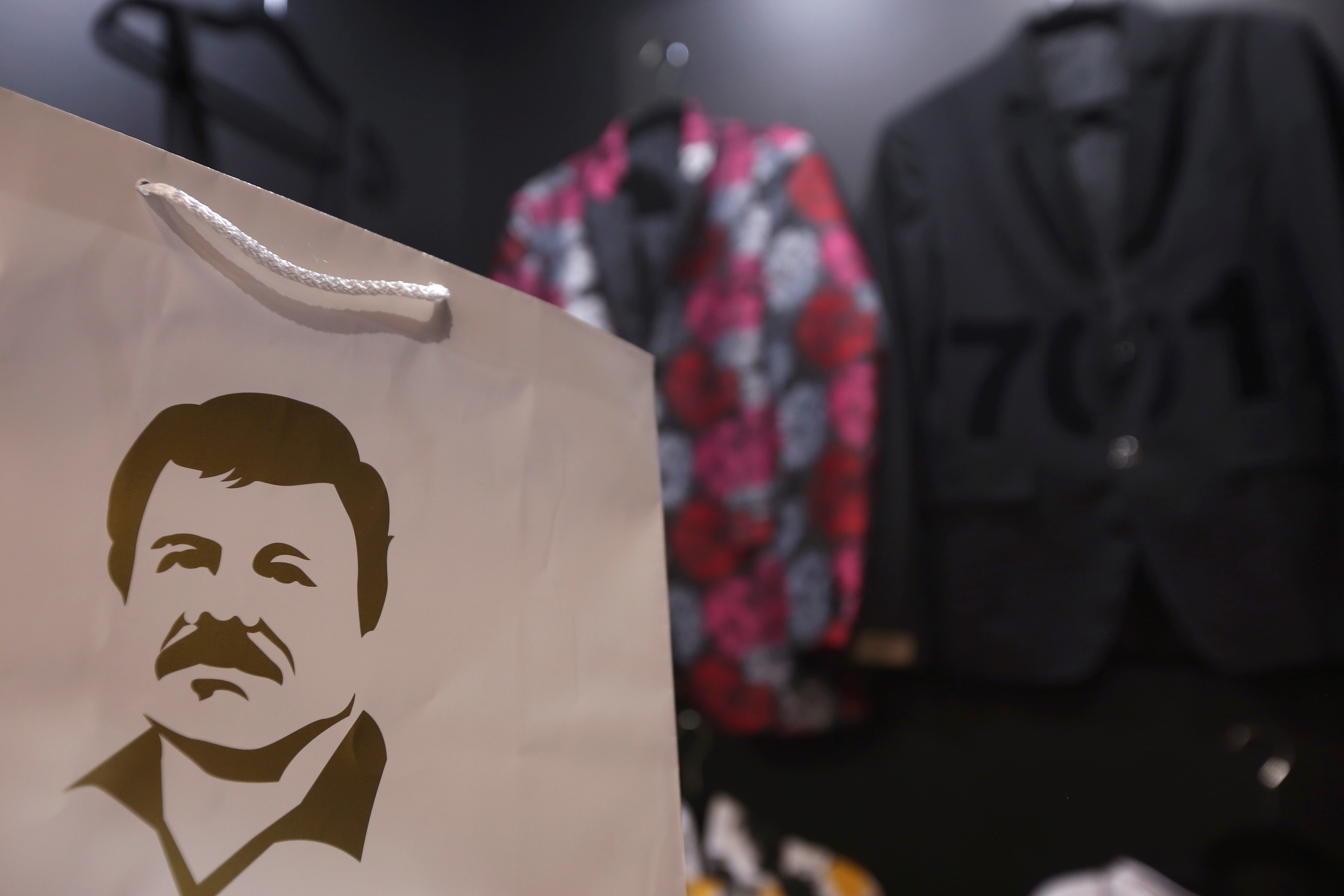 A paper bag with the image of Mexican drug lord Joaquin 