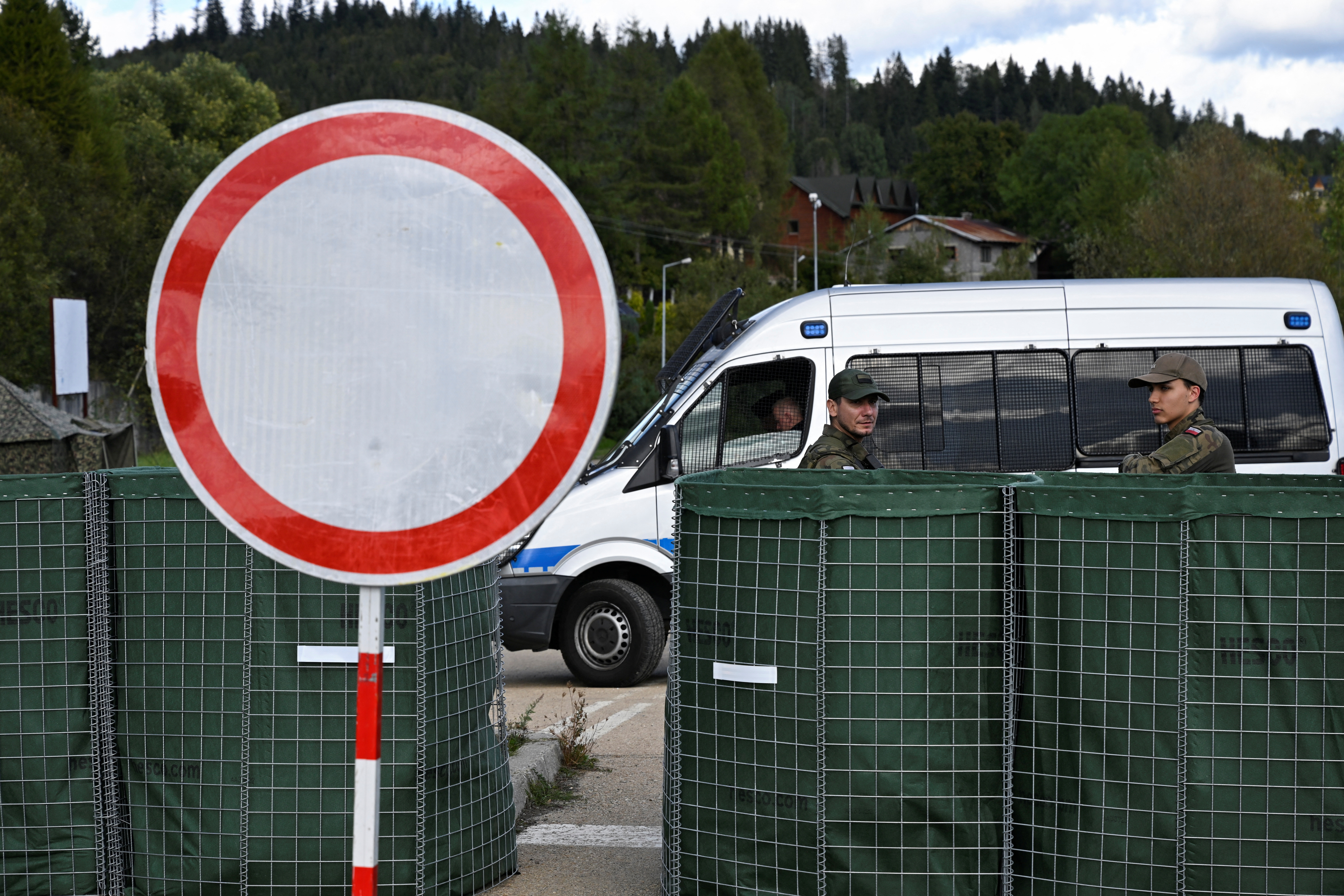 Polish soldiers guard along checkpoint at Slovakia-Poland border