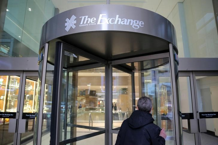 A Toronto Stock Exchange adorns a doorway at the Exchange Tower building in Toronto