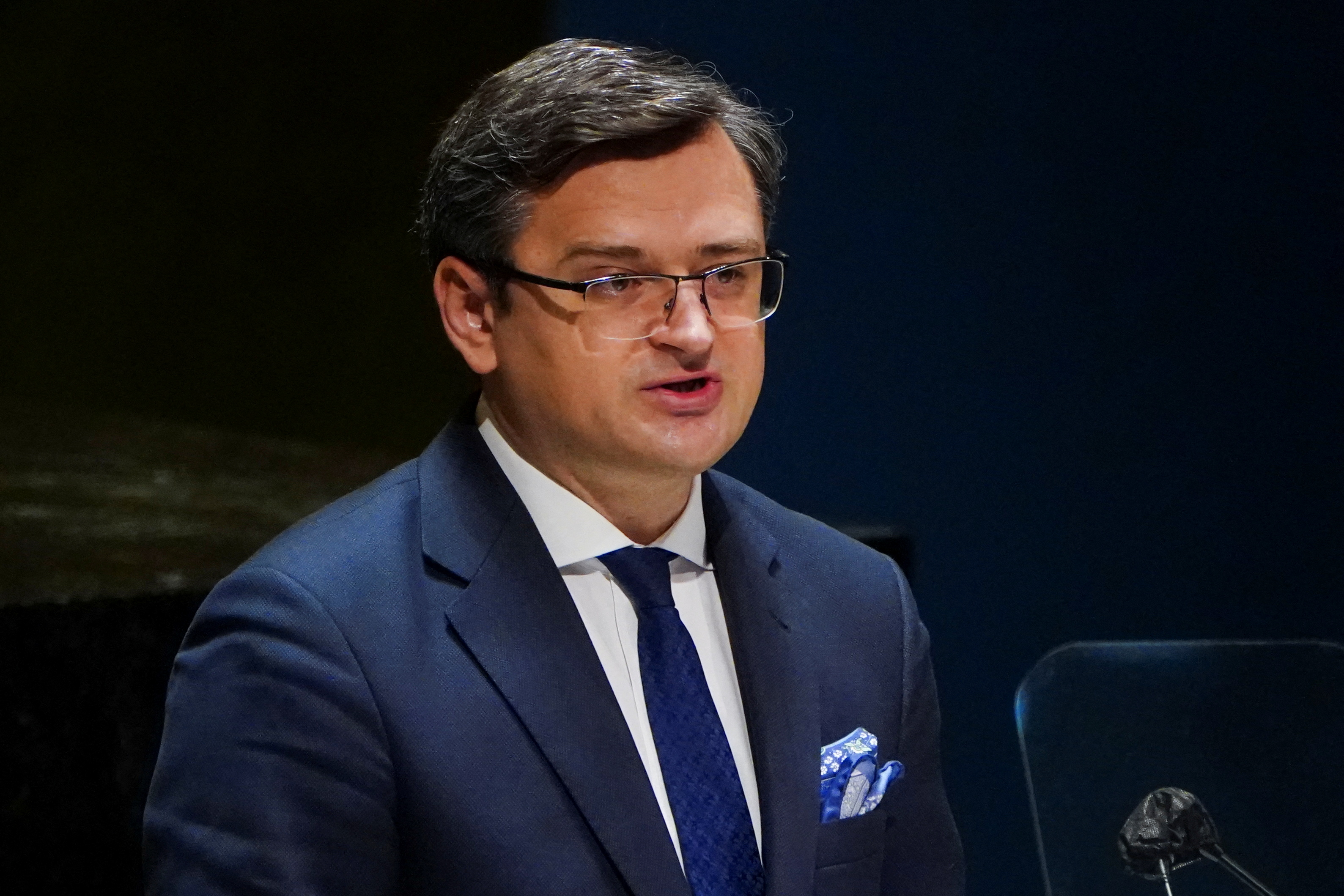 Ukraine's Foreign Minister Dmytro Kuleba speaks during a meeting of the U.N. General Assembly on the situation between Russia and Ukraine, at the United Nations Headquarters in Manhattan, New York City, U.S., February 23, 2022. REUTERS/Carlo Allegri/File Photo