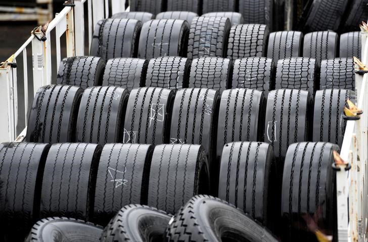 Tyres are seen at the plant of German tyre company Continental in Hanover
