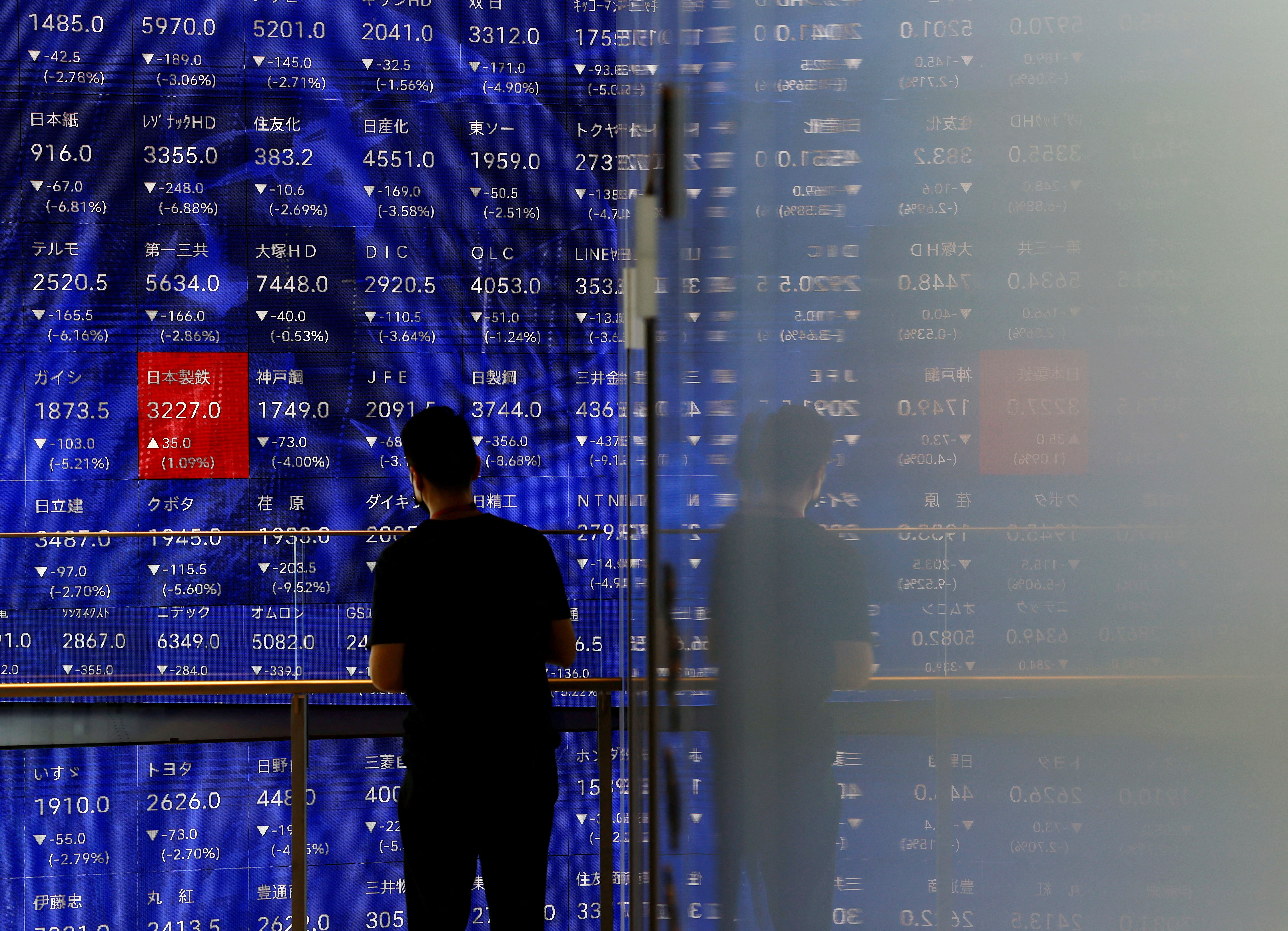 A man stands next to an electronic stock quotation board inside a building in Tokyo