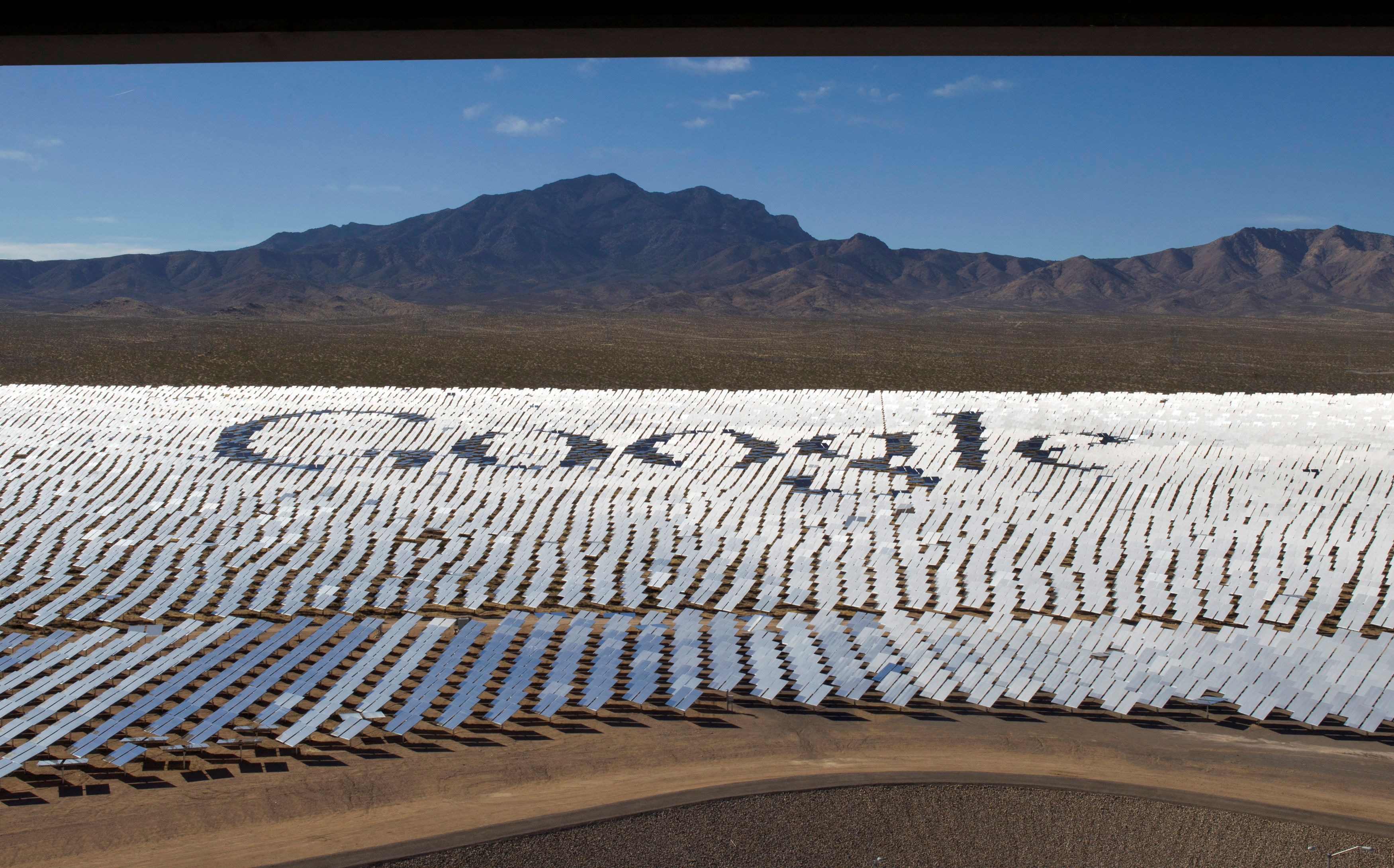 The Google logo is spelled out in heliostats during a tour of the Ivanpah Solar Electric Generating System in the Mojave Desert near the California-Nevada border