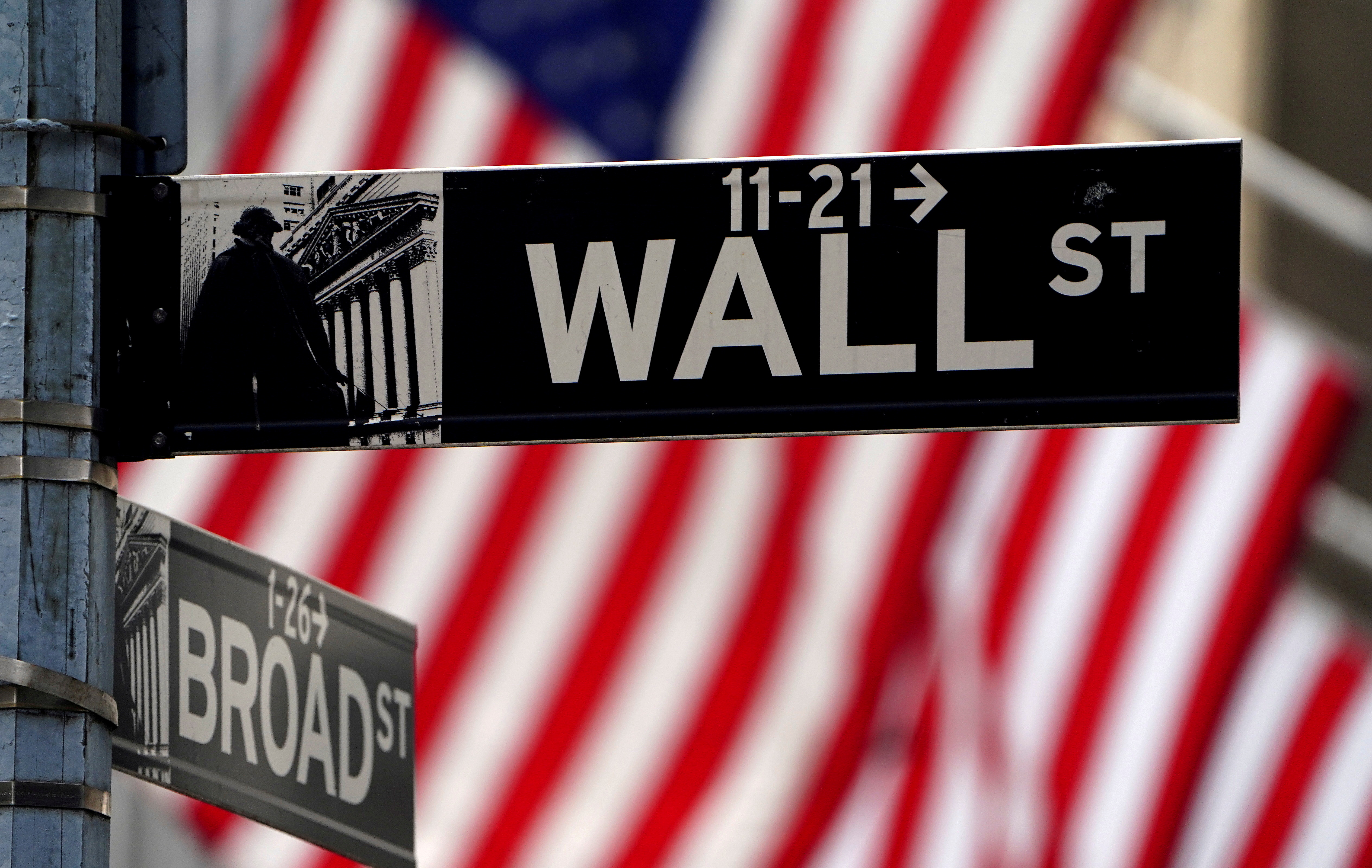 A Wall Street sign outside the New York Stock Exchange in the Manhattan borough of New York City, New York, U.S., April 16, 2021. REUTERS/Carlo Allegri/File Photo