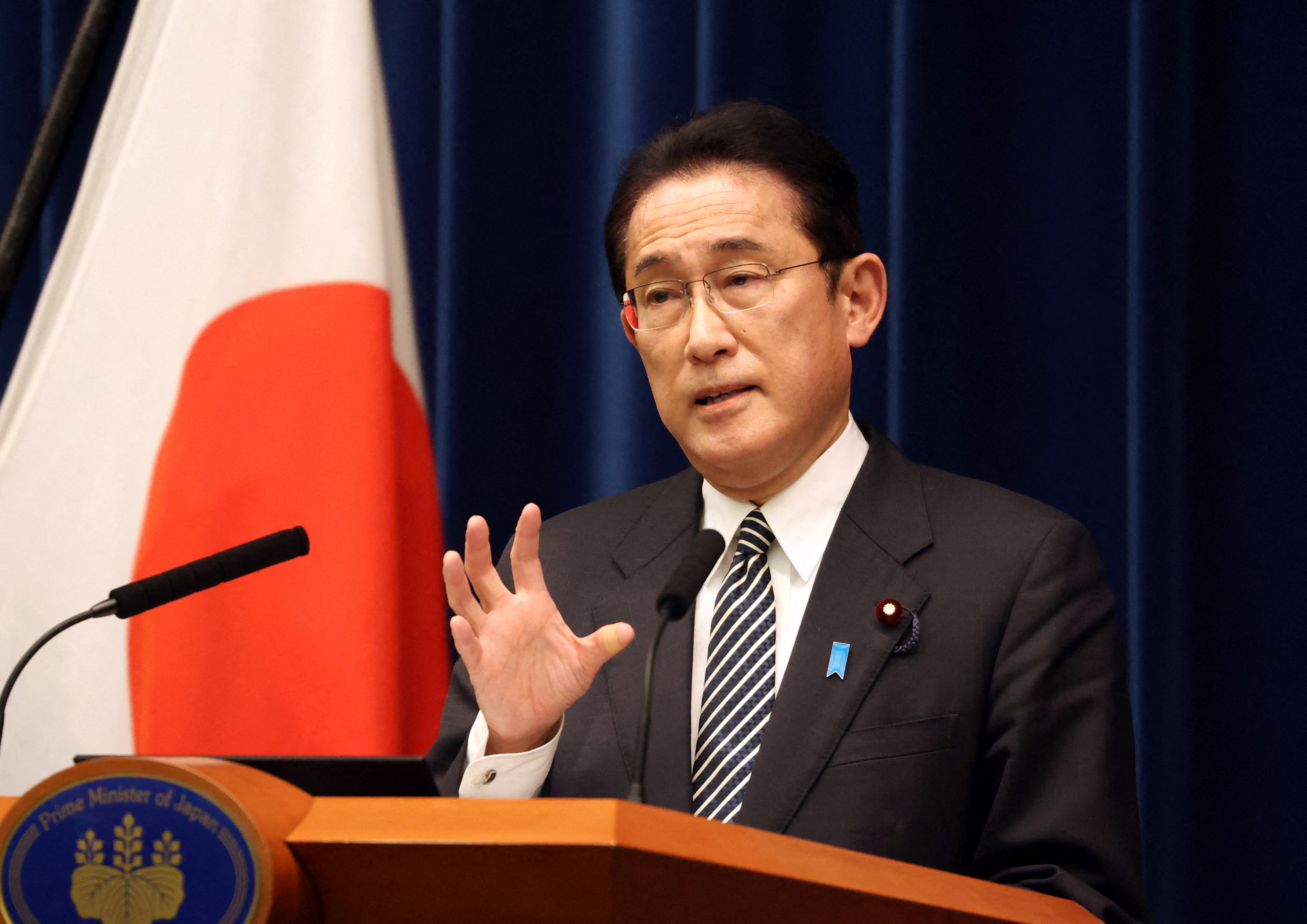 Japanese Prime Minister Fumio Kishida speaks before the media at his official residence in Tokyo